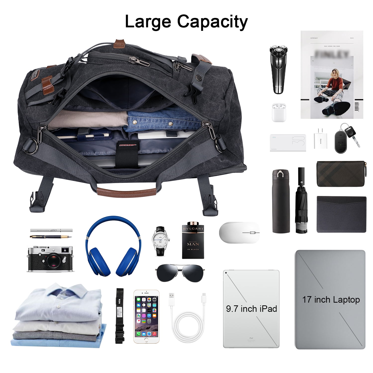 WITZMAN Travel Backpack for Men Large Canvas Backpack Luggage Carry on Duffel Bag A519-1 Black - Image 8