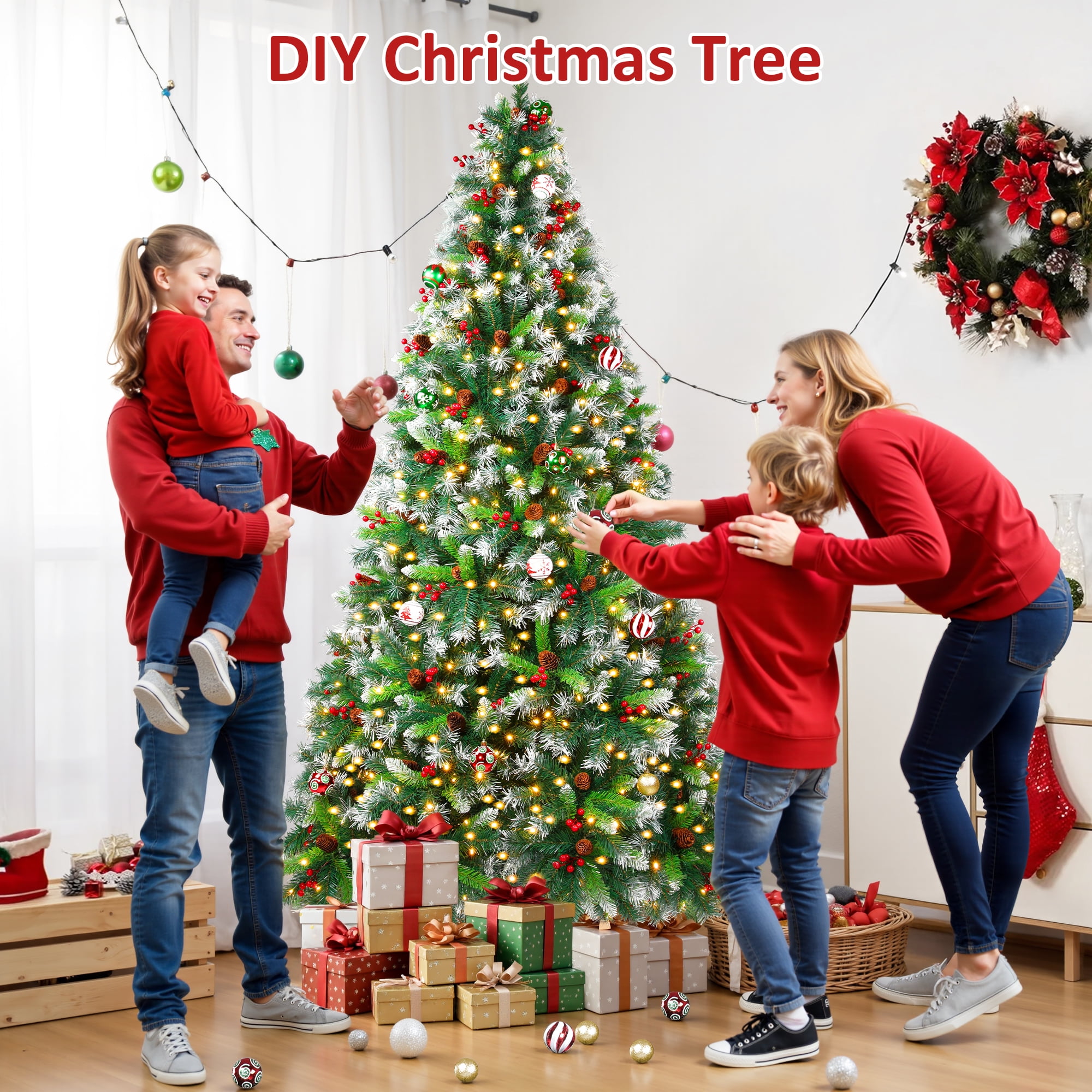 Firstness 6ft Pre-Lit Artificial Christmas Tree,Green Xmas Tree with 1000 Branch Tips 300 LED Lights,Pine Cones + Red Berries - Image 8