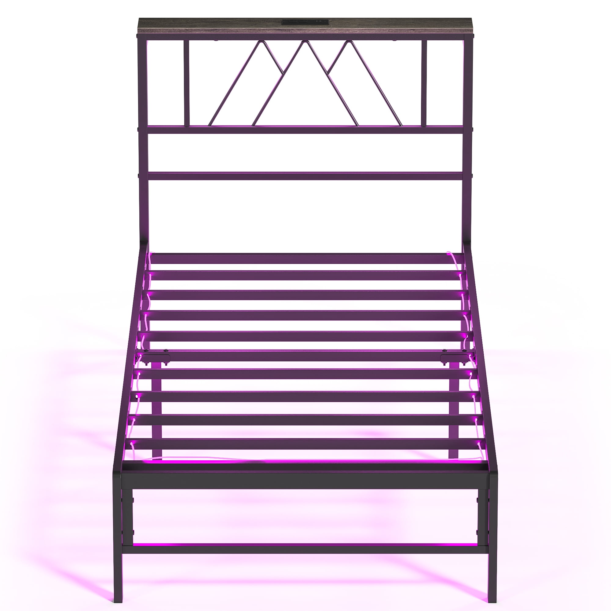 Yoneston Kids Twin Bed Fame with Charging Station LED Storage Headboard, Sturdy Metal Platform Bed Frame with Under-Bed Light for Boys Girls, Black - Image 2