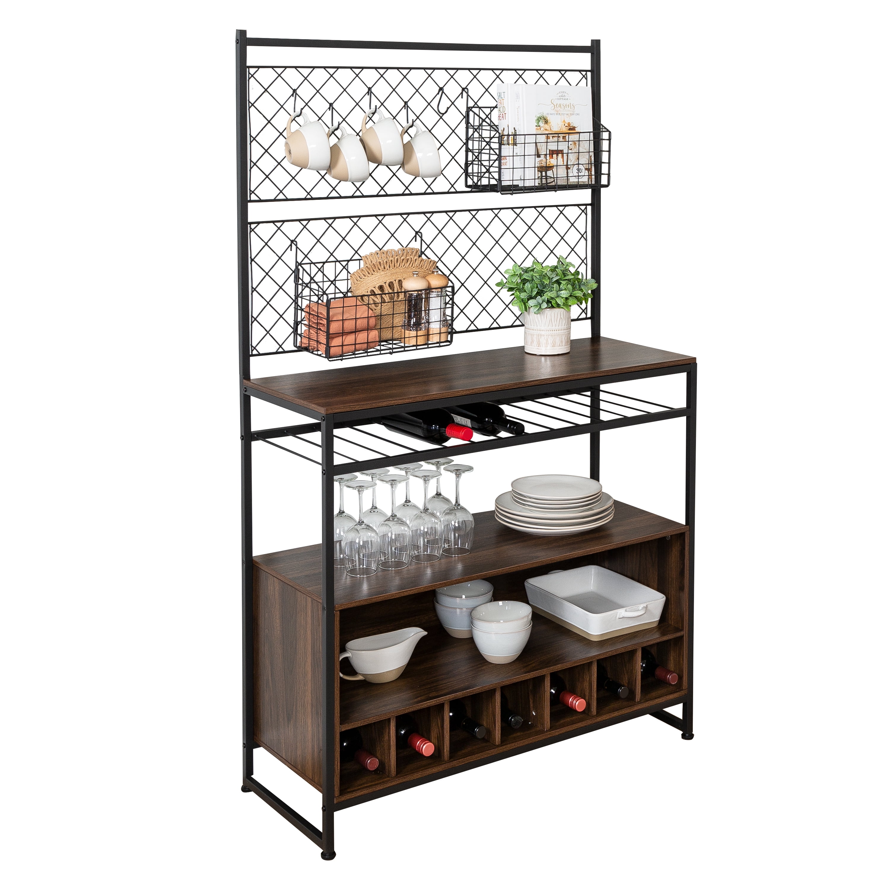Honey-Can-Do 65" Baker's Rack with 4 Storage Shelves and 7 Wine Storage Compartments, Black/Walnut - Image 3