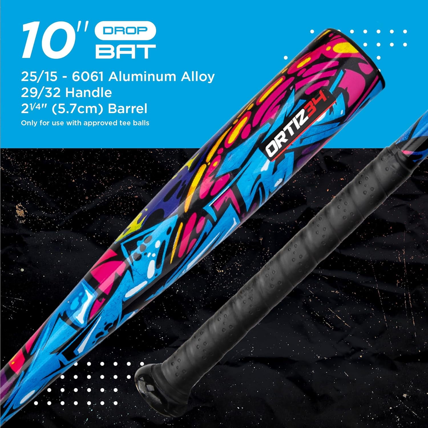 Ortiz34 Youth T-Ball Set, 25" Aluminum Bat (-10 Drop), Foam Core T-Ball, 9" Lightweight Glove, Graffiti Print - Image 3