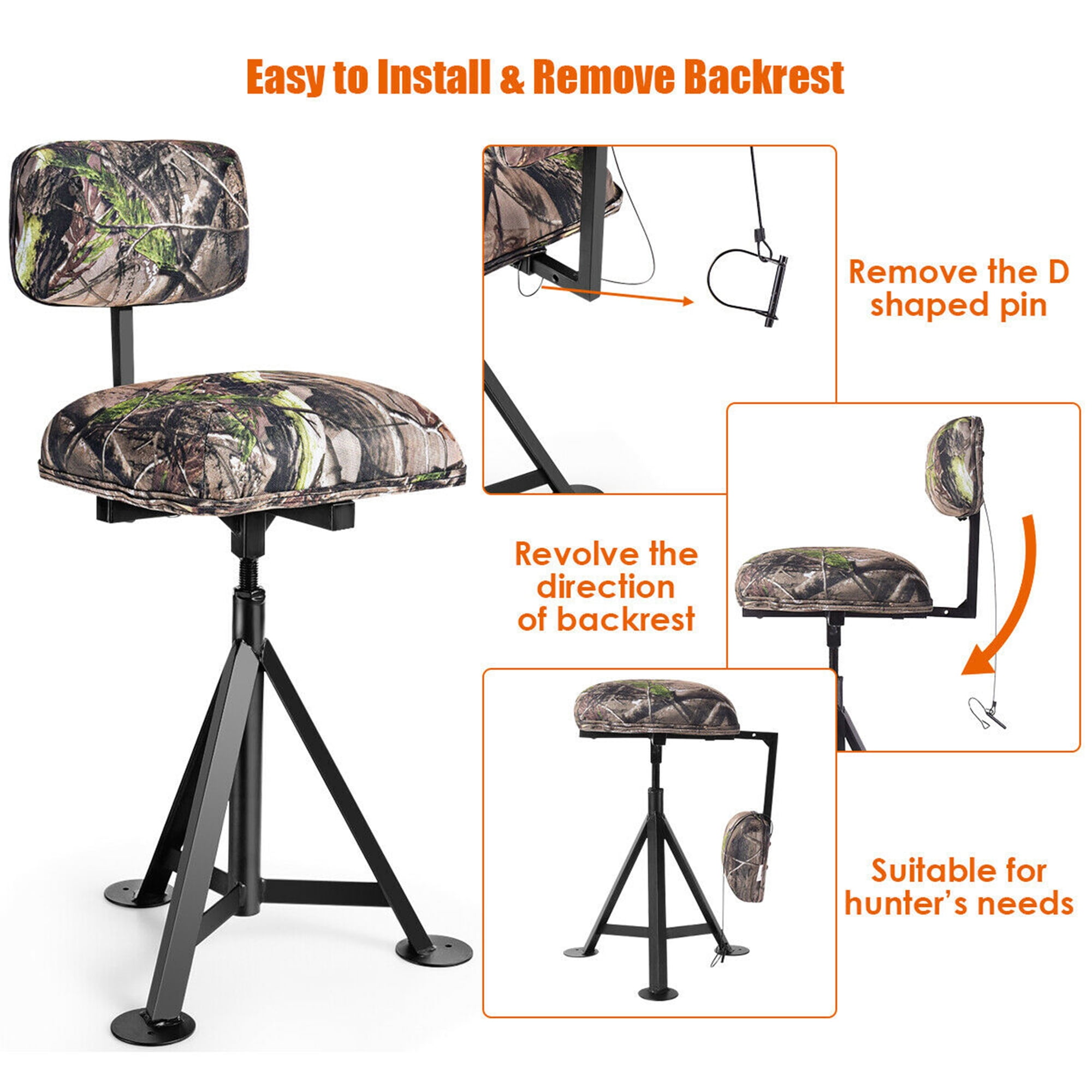 Gymax Swivel Hunting Chair Tripod Blind Stool w/ Detachable Backrest Outdoor Camping - Image 7