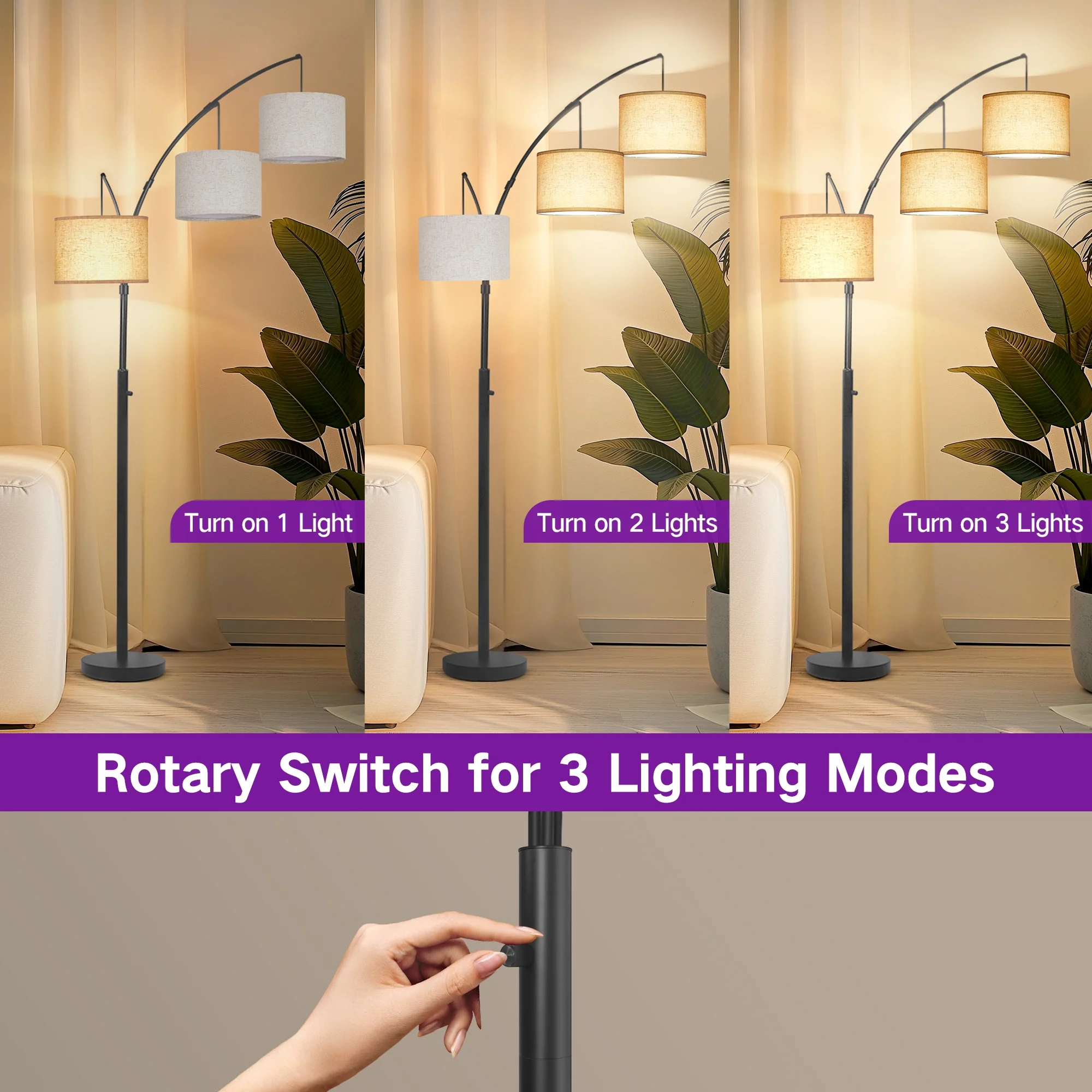 OUTON 3 Light Floor Lamp, 80" Mordern Standing Lamp with Linen Lamp Shade, Arc Floor Lamp for Living Room, Bedroom, Office, 3 Bulbs Includes(Black) - Image 9