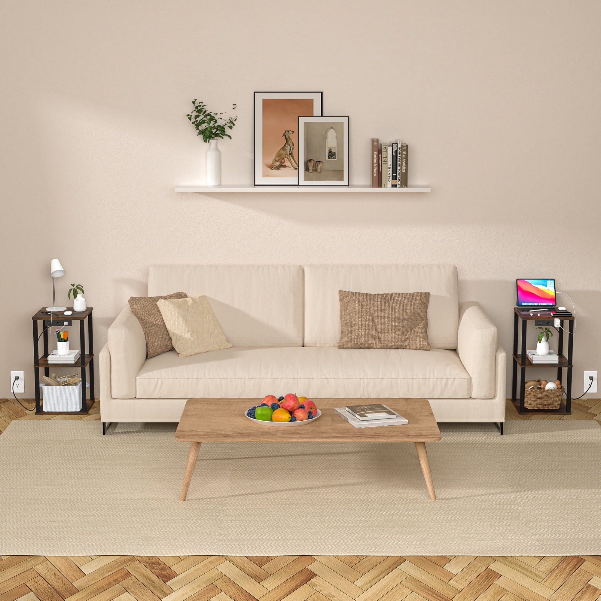 OUTONLIFE End Table with Charging Station, Small Bedside Table with 3 Storage Shelves, Narrow Side Table with USB Ports & Power Outlets, Night Stand for Living Room, Bedroom, Black - Image 9