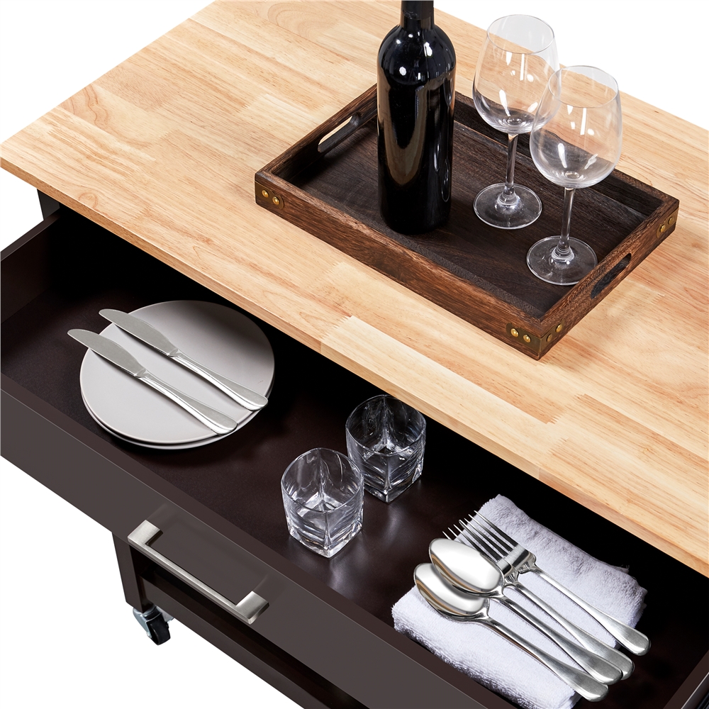 Alden Design Wooden Kitchen Cart with Storage Shelves and Drawer, Espresso/Oak - Image 6