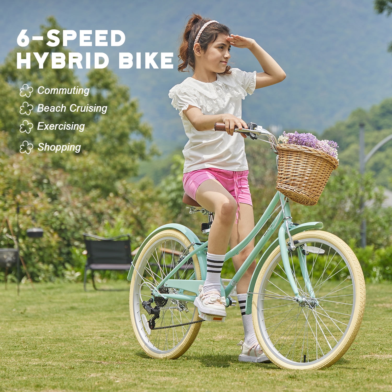 Glerc Missy 20" Girl Bicycle for Youth Over 6 Years Old Kids, Teenager with Wicker Basket, Mint Green - Image 2