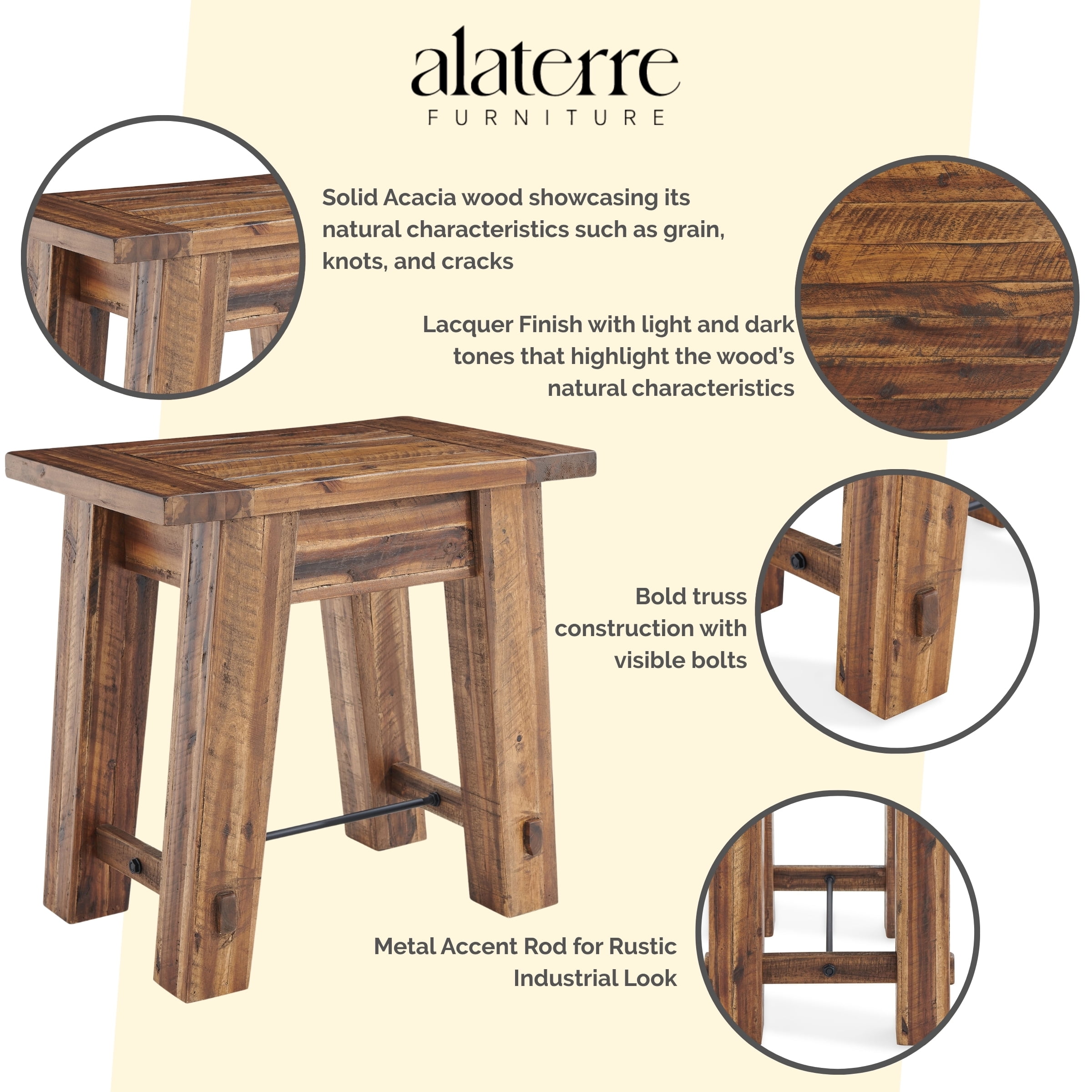 Alaterre Furniture Durango Solid Acacia Wood End Table, Industrial Side Table with 100lb Weight Capacity for Living Room, Natural - Image 7