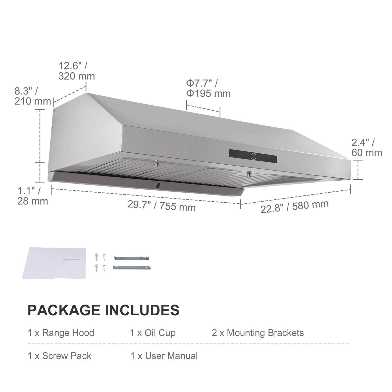 KFFKFF 30" Under Cabinet Range Hood Ductless Kitchen Vent Stainless Steel LED - Image 2