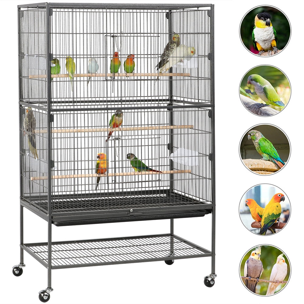 Alden Design 52" Large Metal Rolling Bird Cage Parrot with Perches Feeders Storage Shelf for Lovebird Cockatoo Conure, Black - Image 5