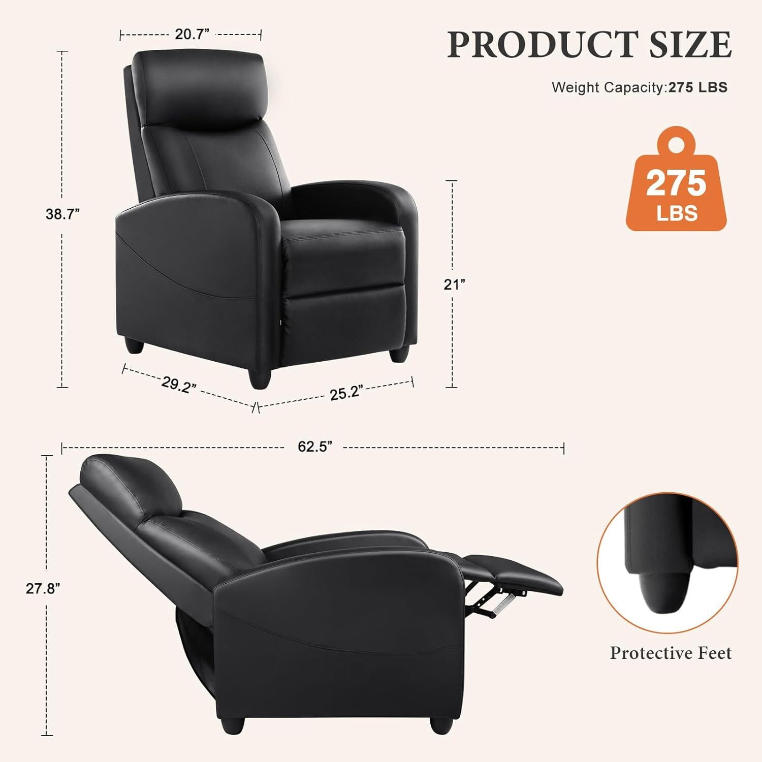 AENKYO Push-Back Recliner Chair with Massage & Adjustable Footrest - Home Theater Seat with Side Pocket, Black - Image 5