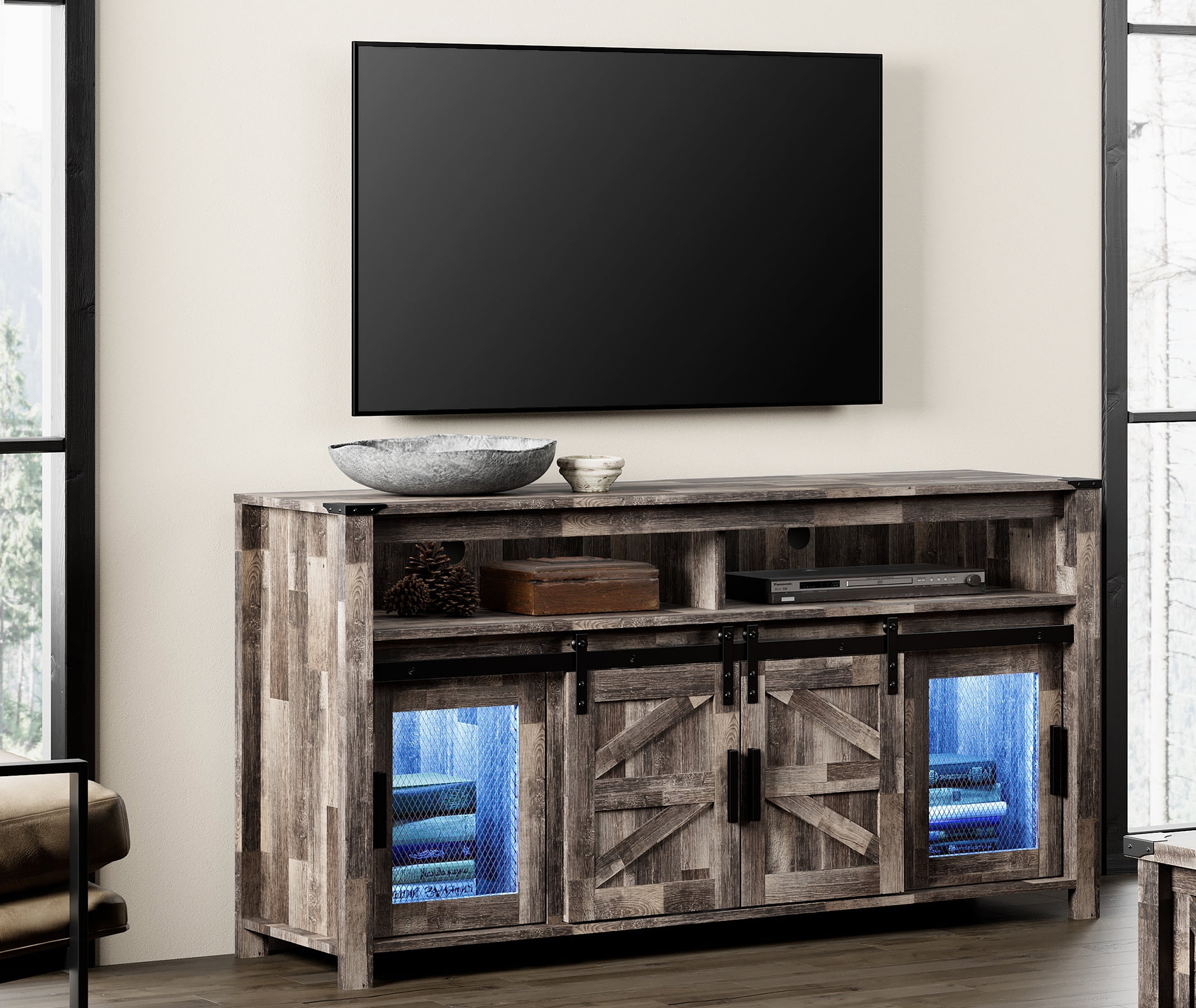 Tall TV Stand with Blue LED Lights Strips for 65 inch TVs, Farmhouse Media Console Table with Mesh and Barn Doors for Bedroom, Living Room, Dark Rustic Oak, 59x15.4x31 - Image 10