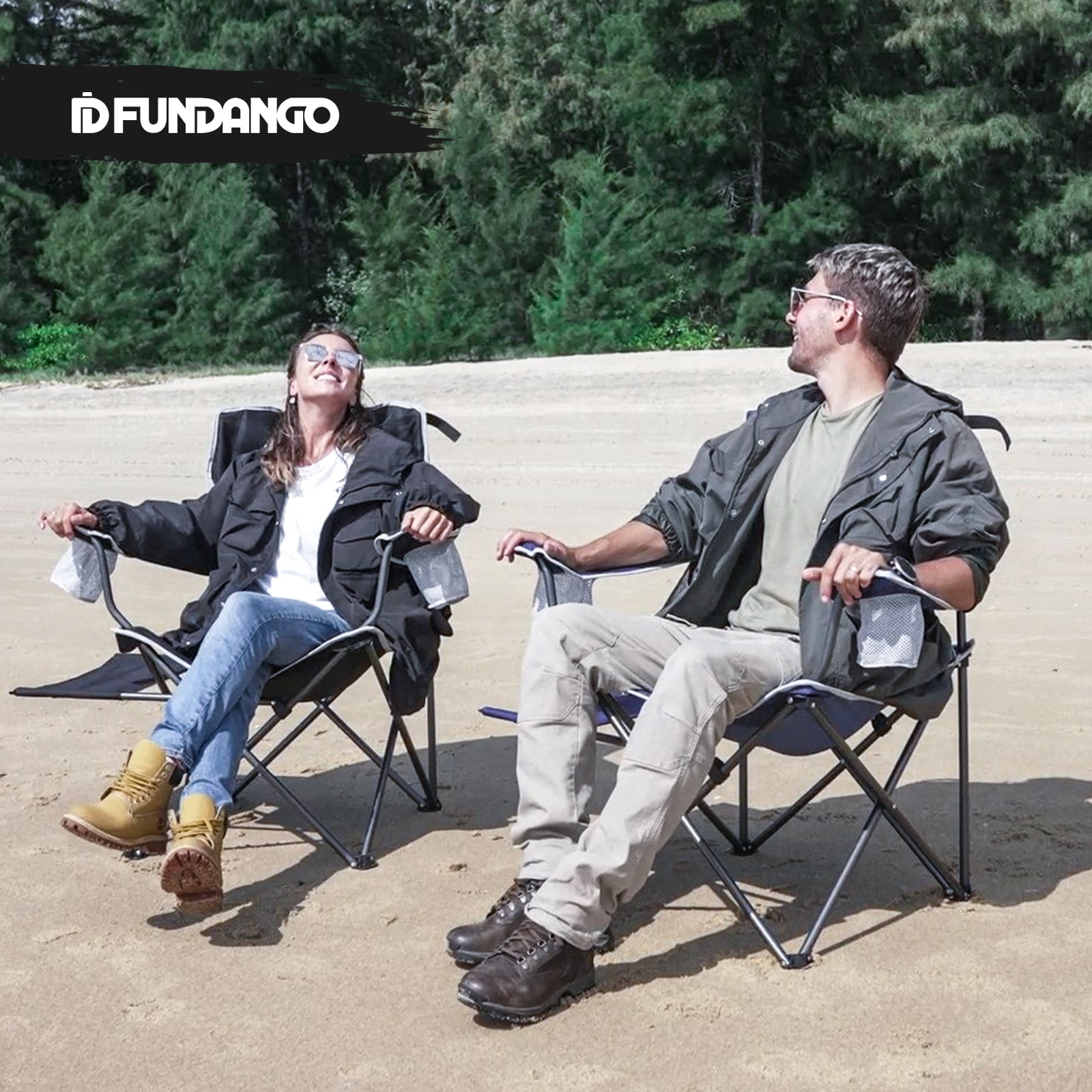 FUNDANGO Black Foldable Camp Lawn Chairs for Outside, Portable Folding Padded Chair for Park, Camping, Includes Side Table & Cup Holder, Support 300 lbs Capacity, Black, 1Pack - Image 8