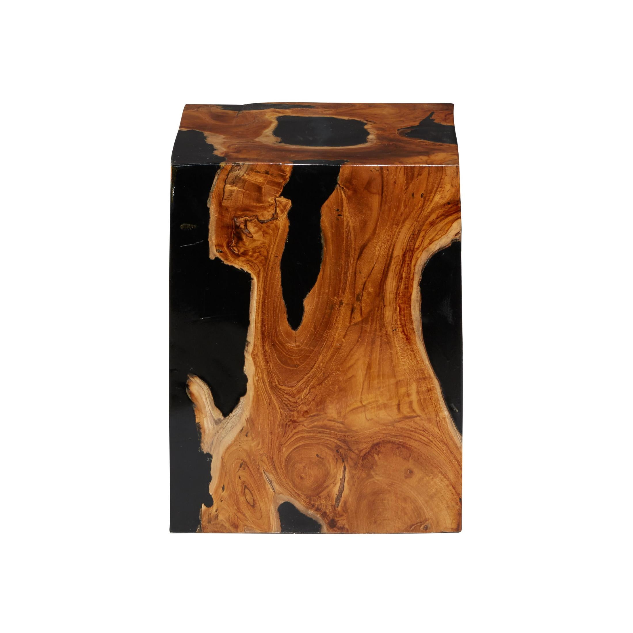 DecMode 12" x 15" Brown Teak Wood Block Abstract Accent Table with Black Resin Inlay, 1-Piece - Image 12