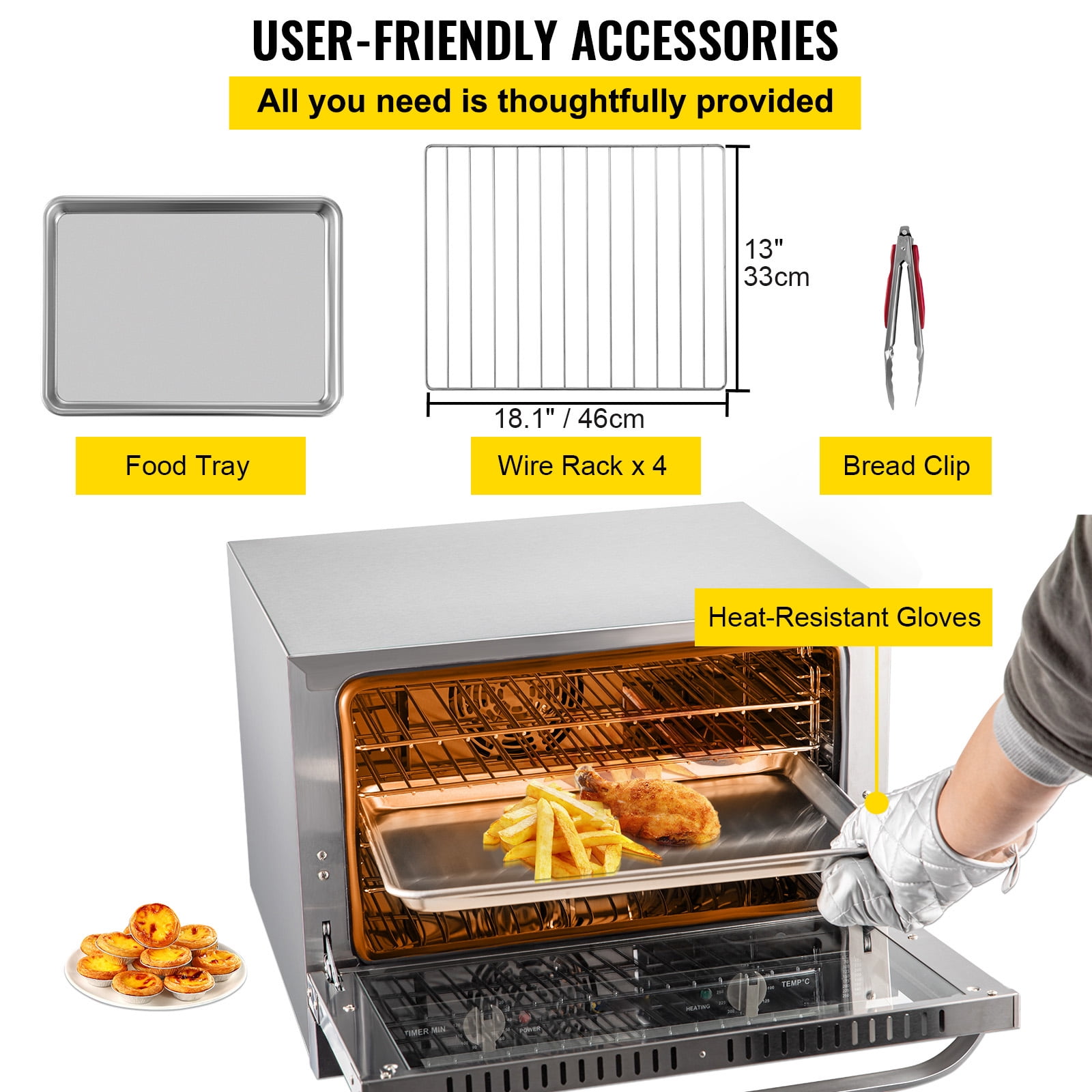 KFFKFF Commercial Convection Oven, 66L/60Qt, Half-Size Conventional Oven Countertop, 1800W 4-Tier Toaster with Front Glass Door, Electric Baking Oven with Trays Wire Racks Clip Gloves, 120V - Image 4