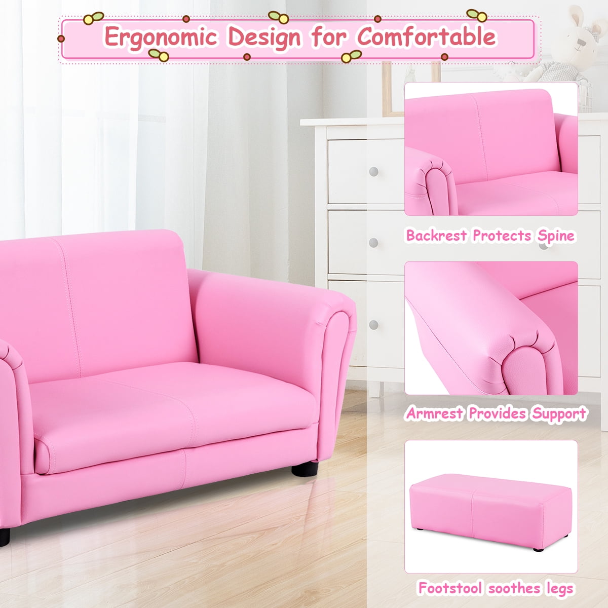 Costway Pink Kids Sofa Armrest Chair Couch Lounge Children Birthday Gift w/ Ottoman - Image 2