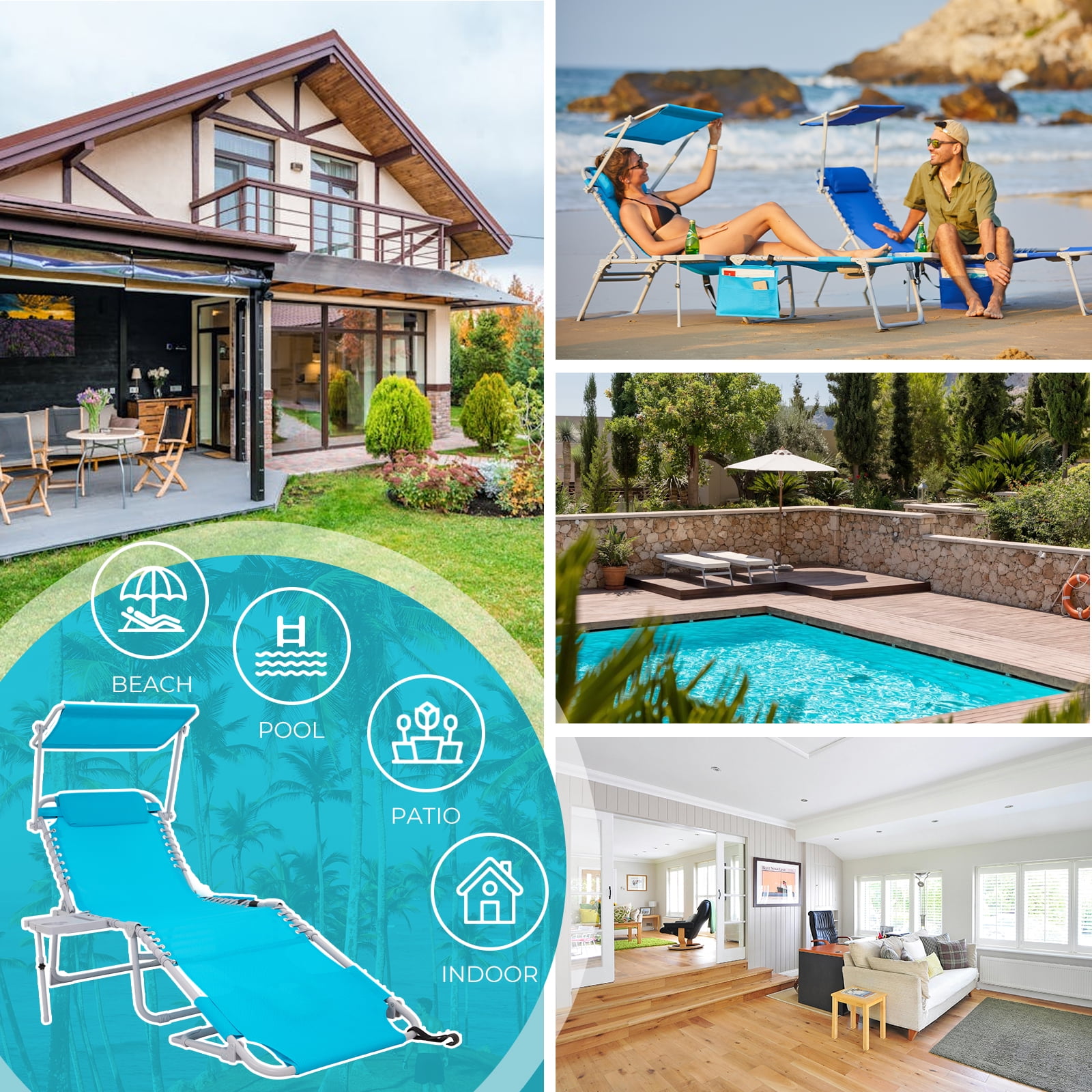 #WEJOY Portable Beach Chaise, Lounge Chair, 5-Position Adjustable Reclining Chaise, Folding Chaise with Face Hole, Sunshade, 3-in-1 Pocket and Side Table, Weight up to 264 lbs - Image 8