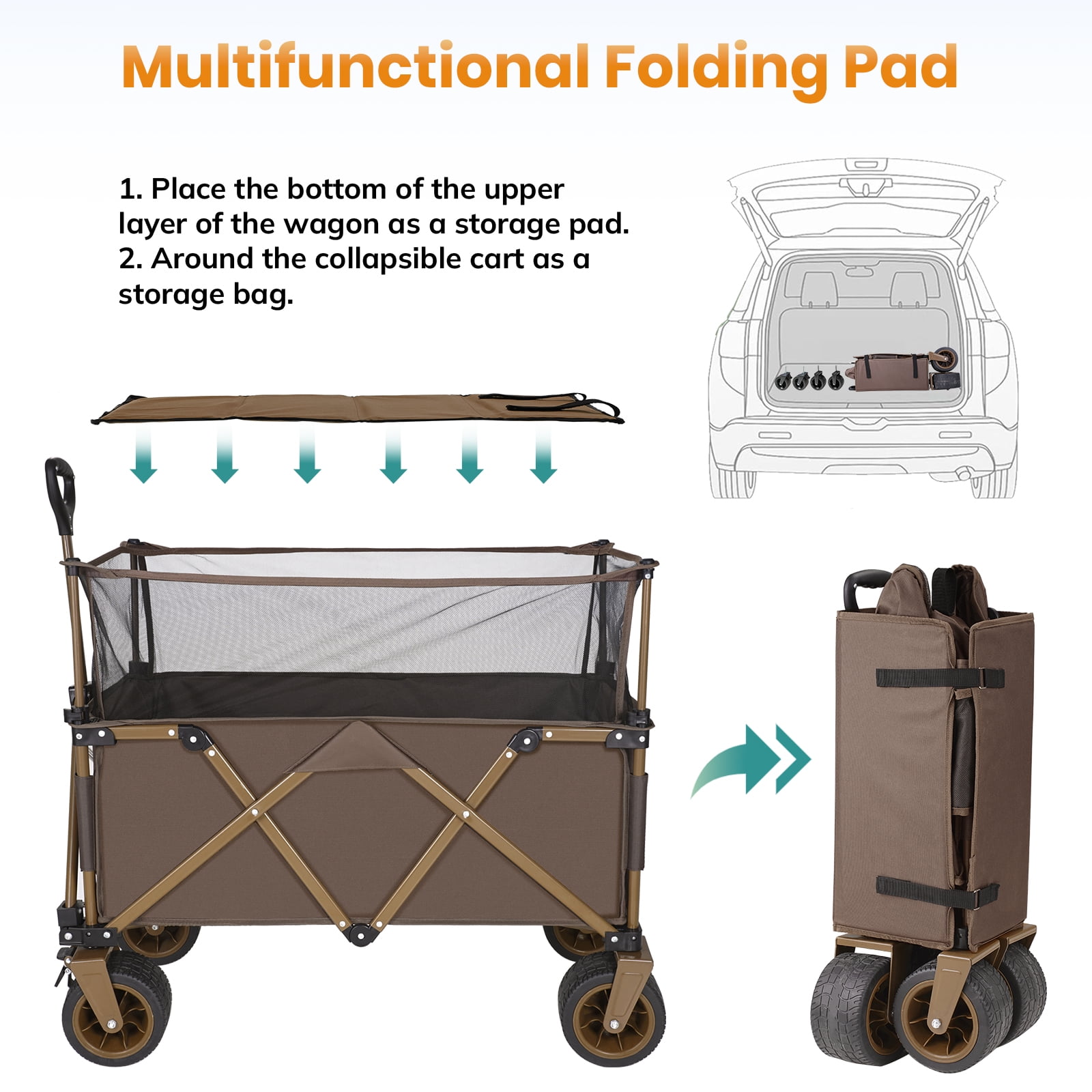 Collapsible Camping Beach Wagon, VECUKTY 350L Garden Cart, Heavy Duty Utility Fold Wagon with Big Wheel & Side Pickets for Garden, Camping, Sport, Shopping, Brown - Image 3