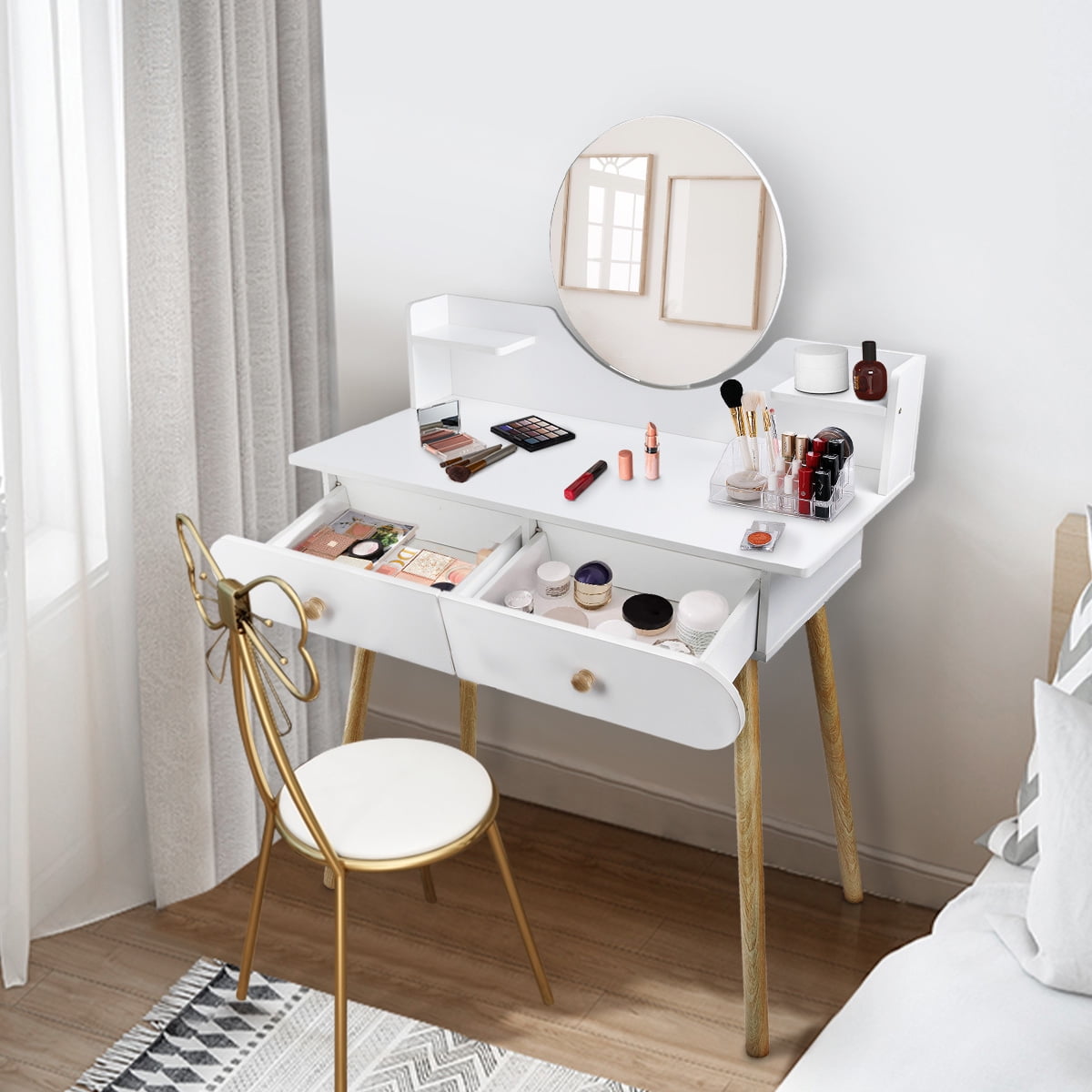 Liyufly Modern White Vanity Desk with Mirror, Solid Wood Makeup Vanity Dressing Table for Women Girls (Without Stool and LED) - Image 7