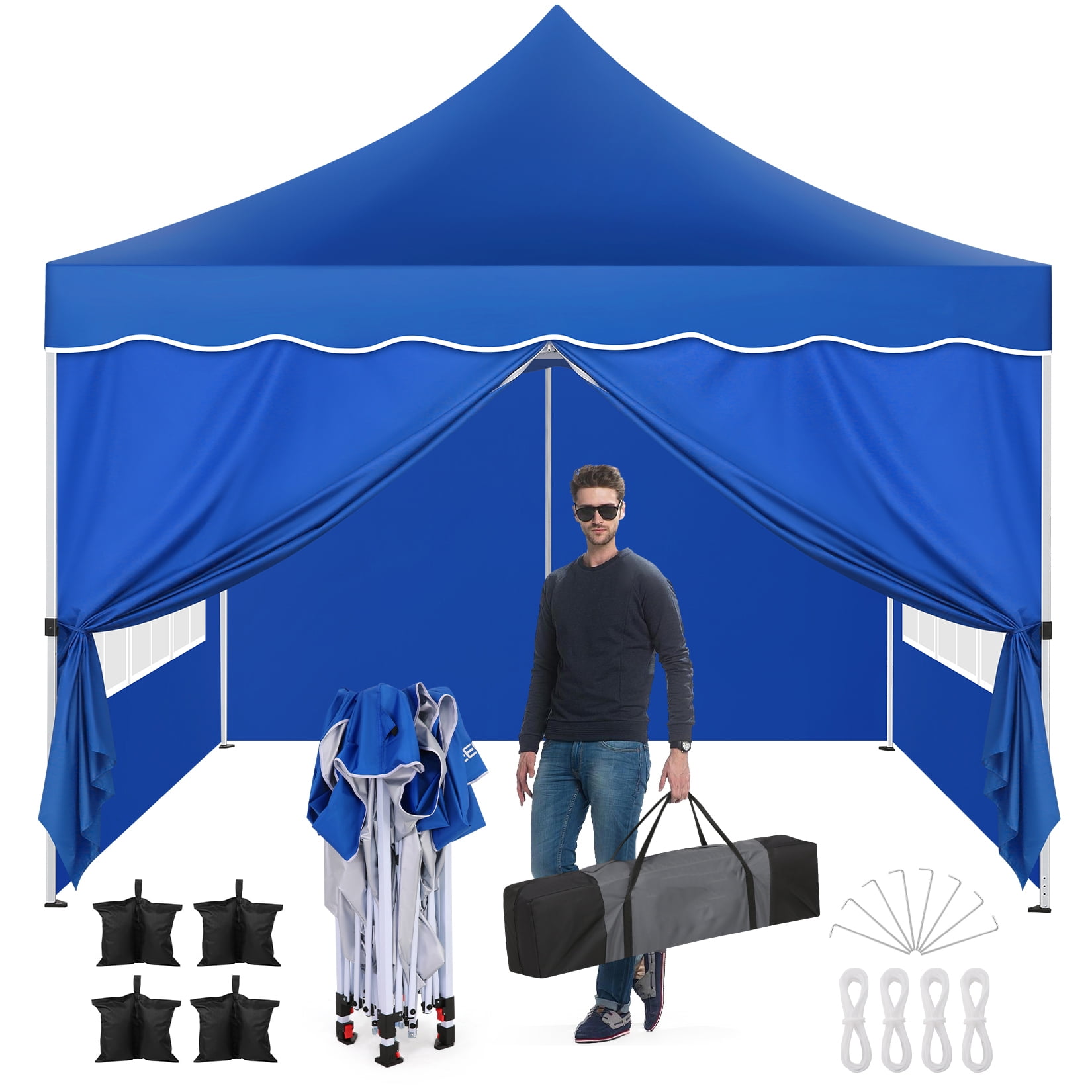 HOTEEL 10x10 Pop Up Canopy , UPF 50+ Easy Setup Canopy Tent Waterproof Outdoor Instant Portable Shelter with 4 Removable Sidewalls, Sandbags, Stakes & Ropes for Party, Events, Vendor, Blue - Image 8