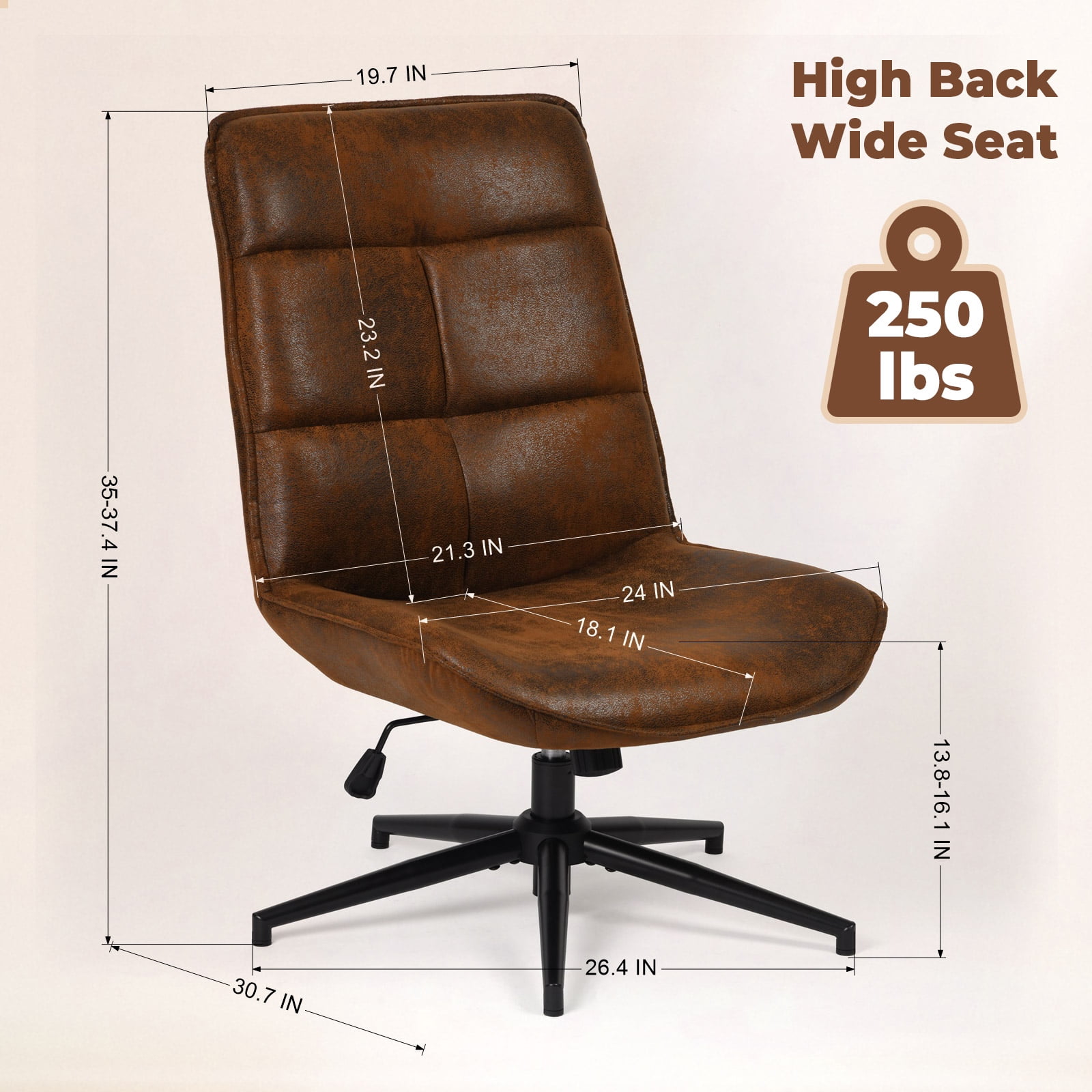 Homy Casa Office Desk Chair, Adjustable Height 15° Tilt High Back Swivel Leisure Chair Makeup Vanity Chair, Brown - Image 4