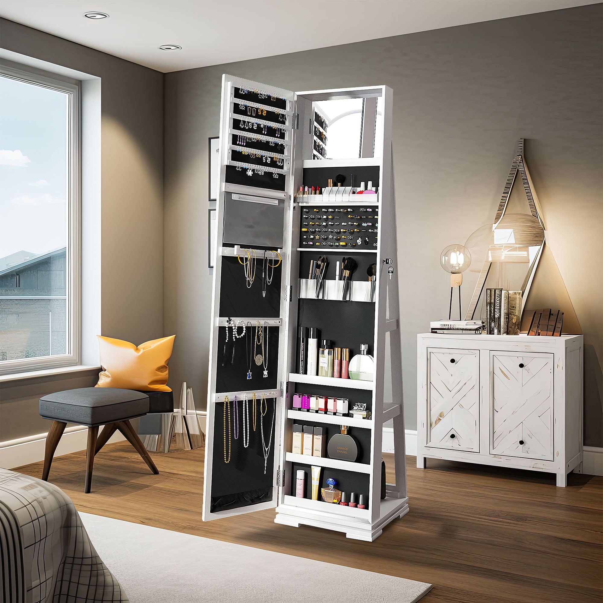 Dextrus Mirror Jewelry Cabinet 360° Rotating Jewelry Armoire Storage Box w/ Full Length Mirror Jewelry Organizer - White - Image 7