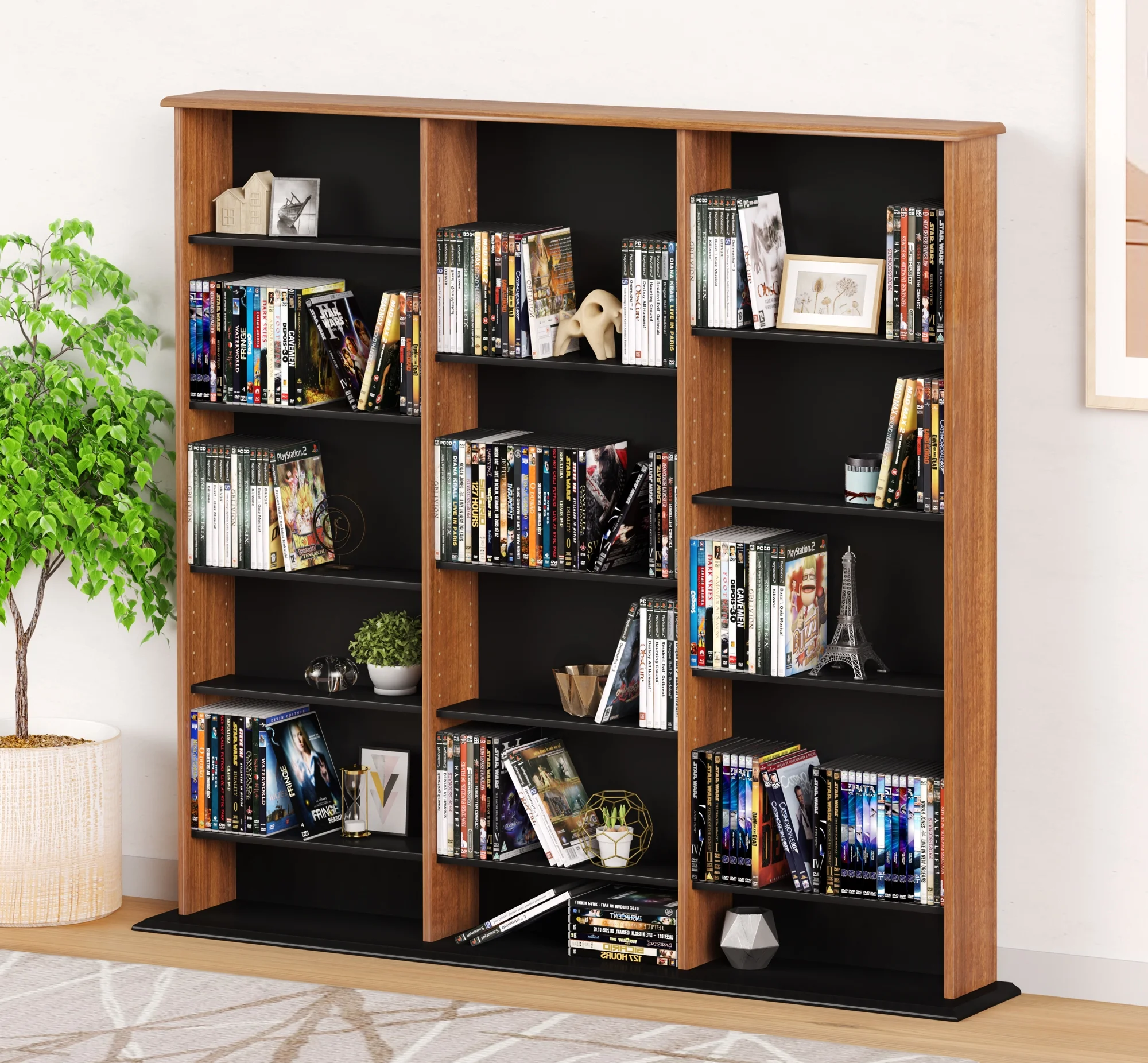 Prepac Triple Width Multimedia Wall Storage, Cherry and Black - Image 2