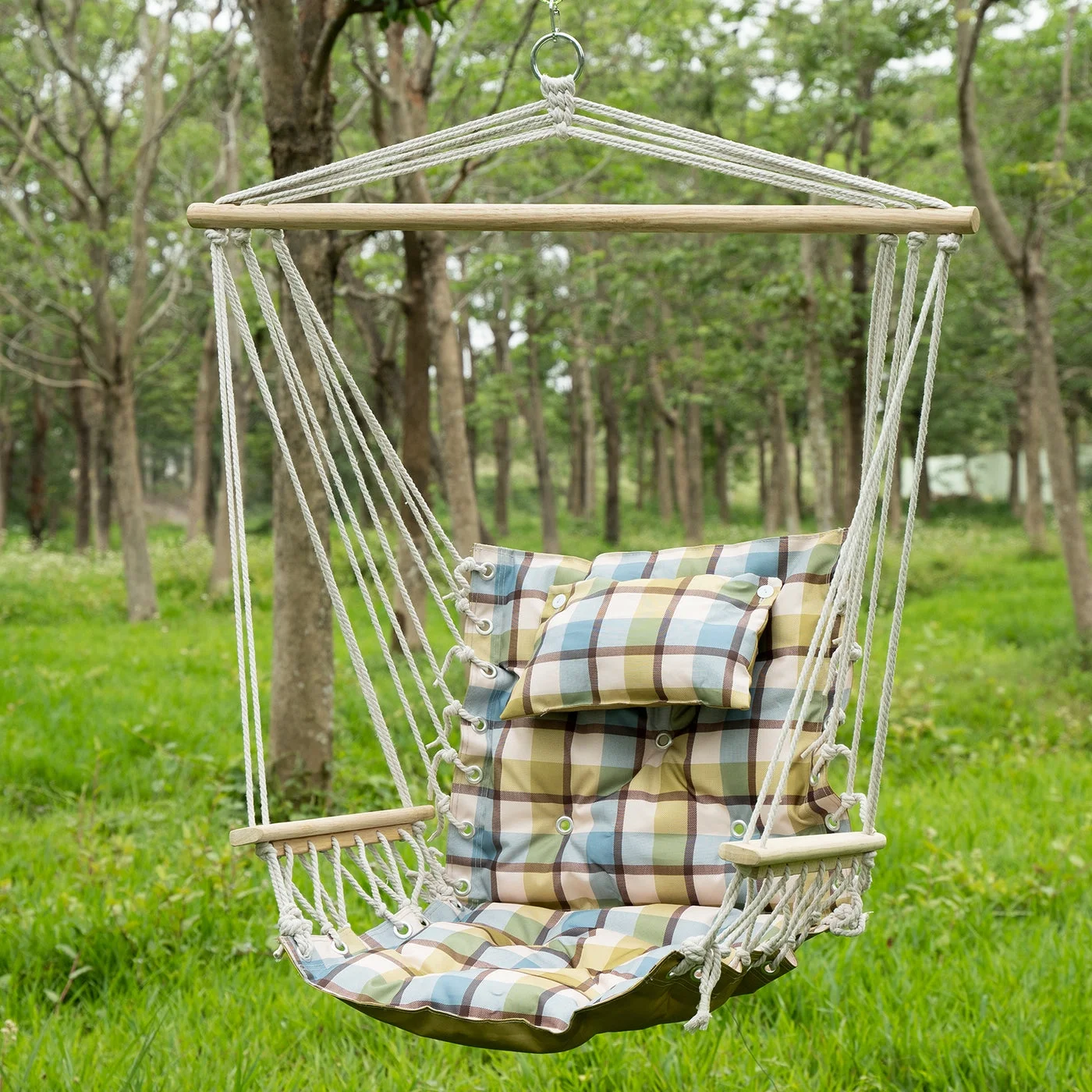 Hanging chair with Pillow & Arms- Extra Padded - Reversible Green Plaid - Image 6