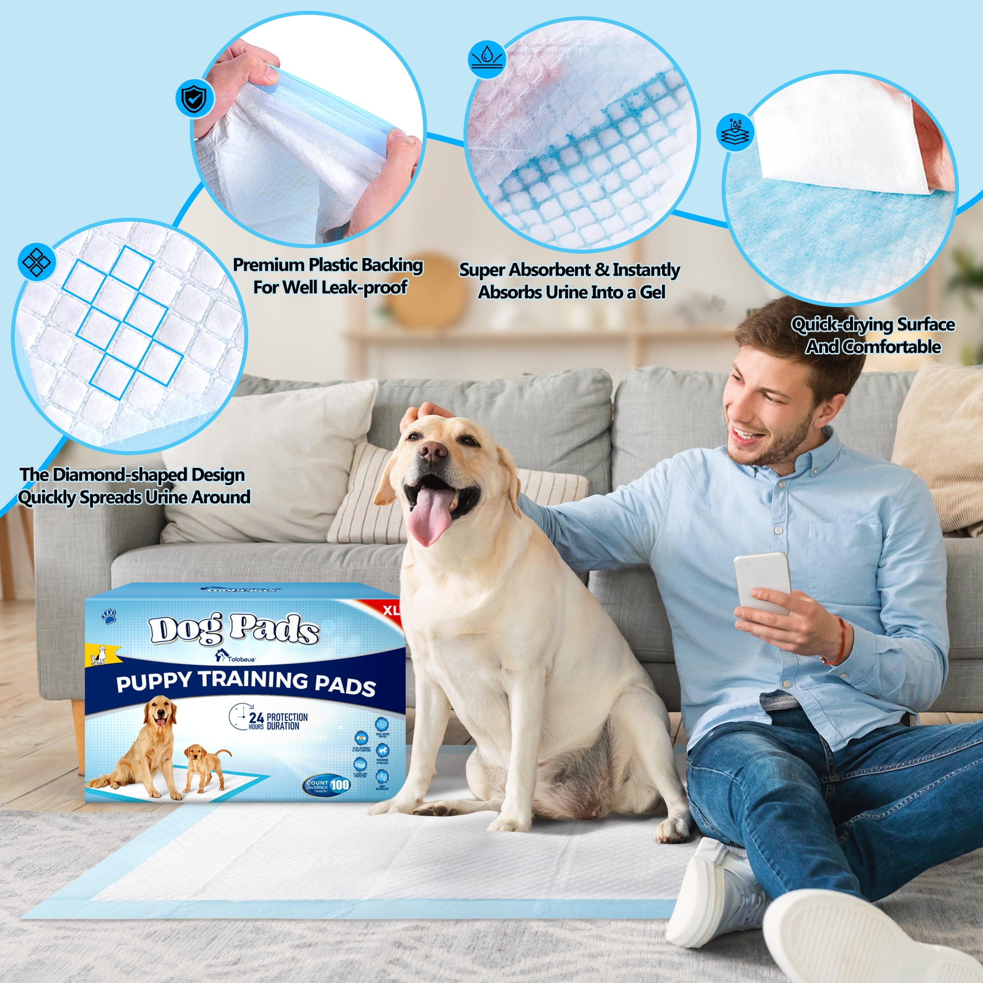 Tolobeve Dog Training Pads, XL, 26 in x 30 in, 100 Count Disposable Dog Pads, Puppy Pee Pads - Image 5