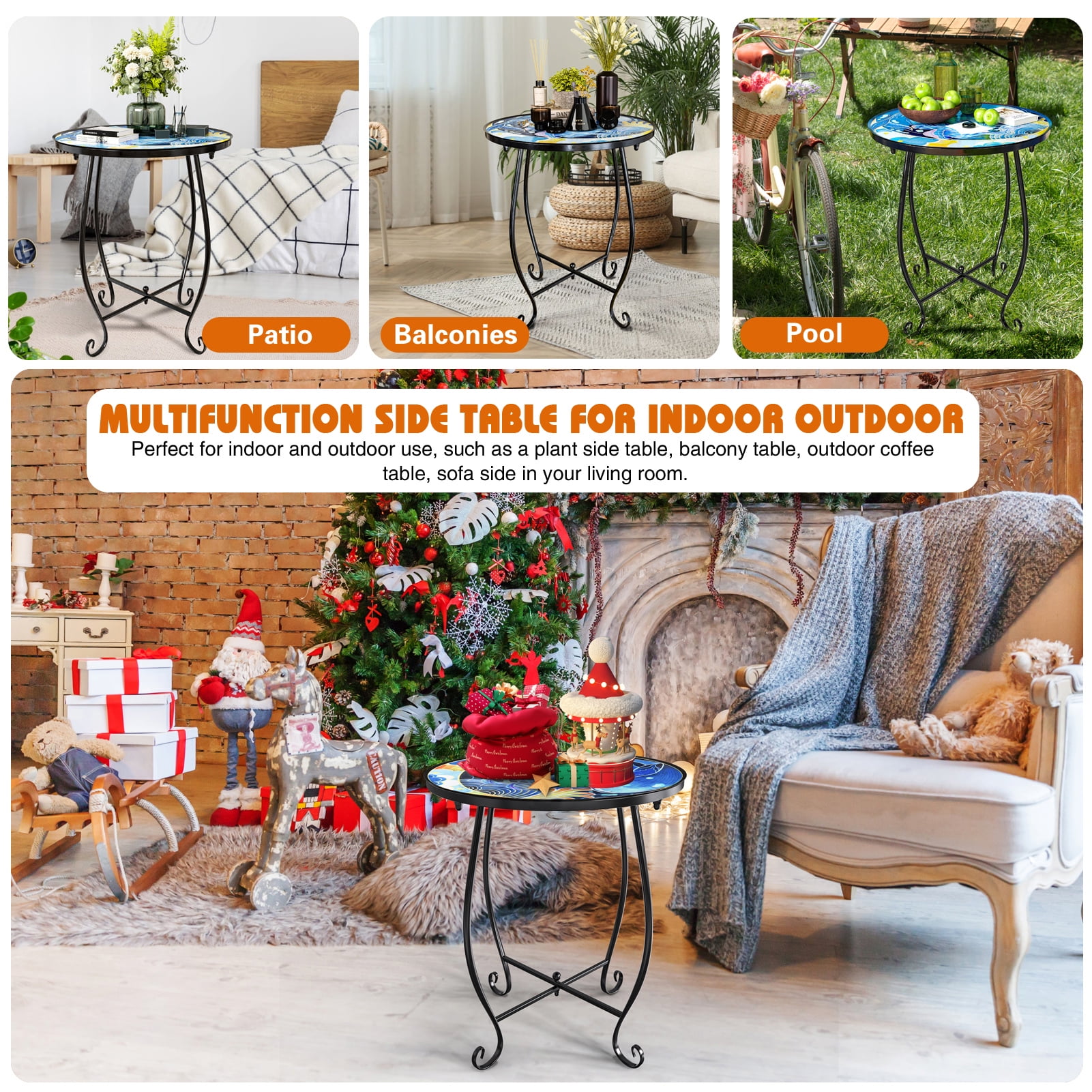 Rekopi 2 Pack Outdoor Mosaic Side Table, 17 Inch High Small Patio Outdoor Table, Indoor Folding Round Side Table for Bistro Balcony Garden - Image 4