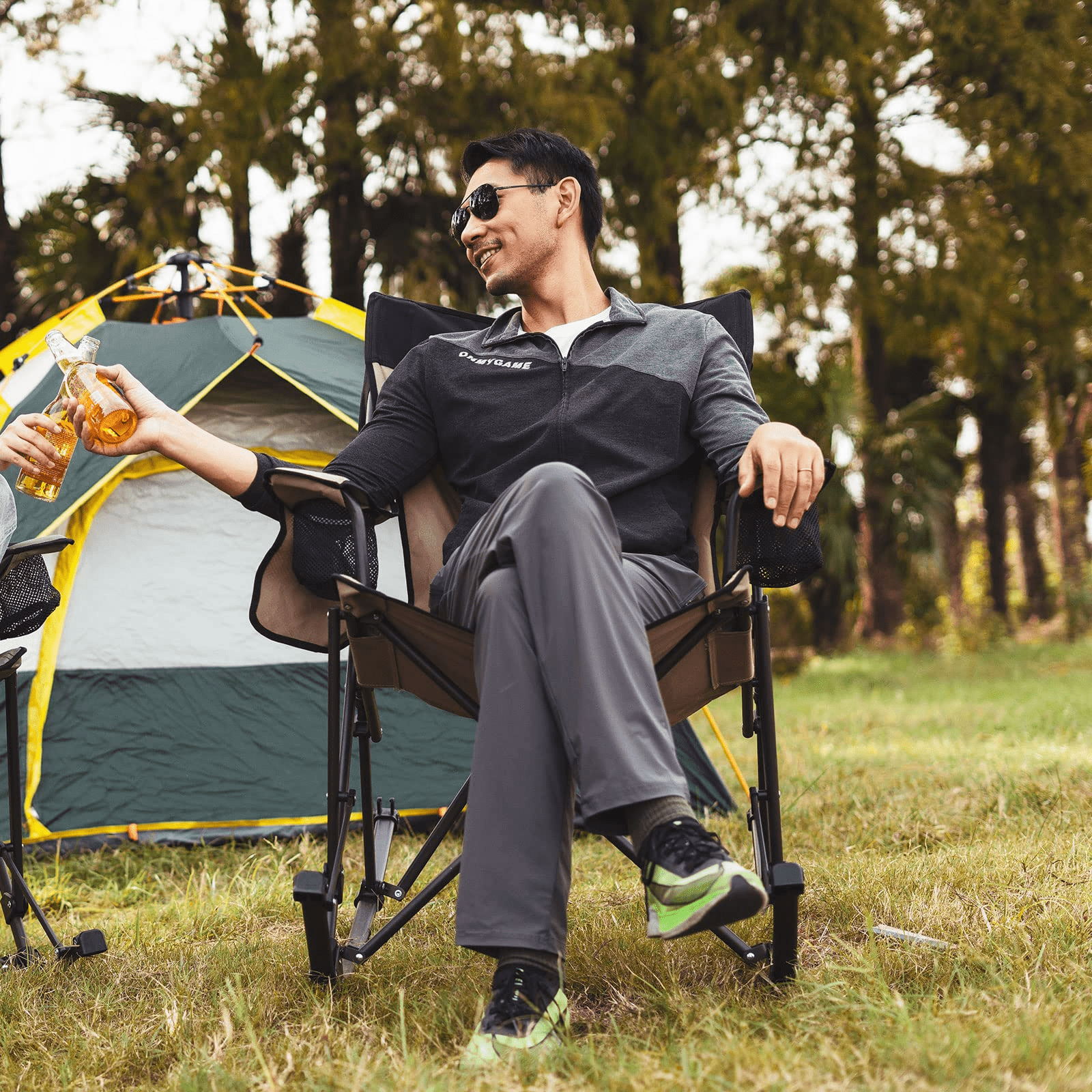 SunnyFeel Camping Rocking Chair for Adults, Oversized Folding Rocker Lawn Chair with Mesh Back (Khaki) - Image 8