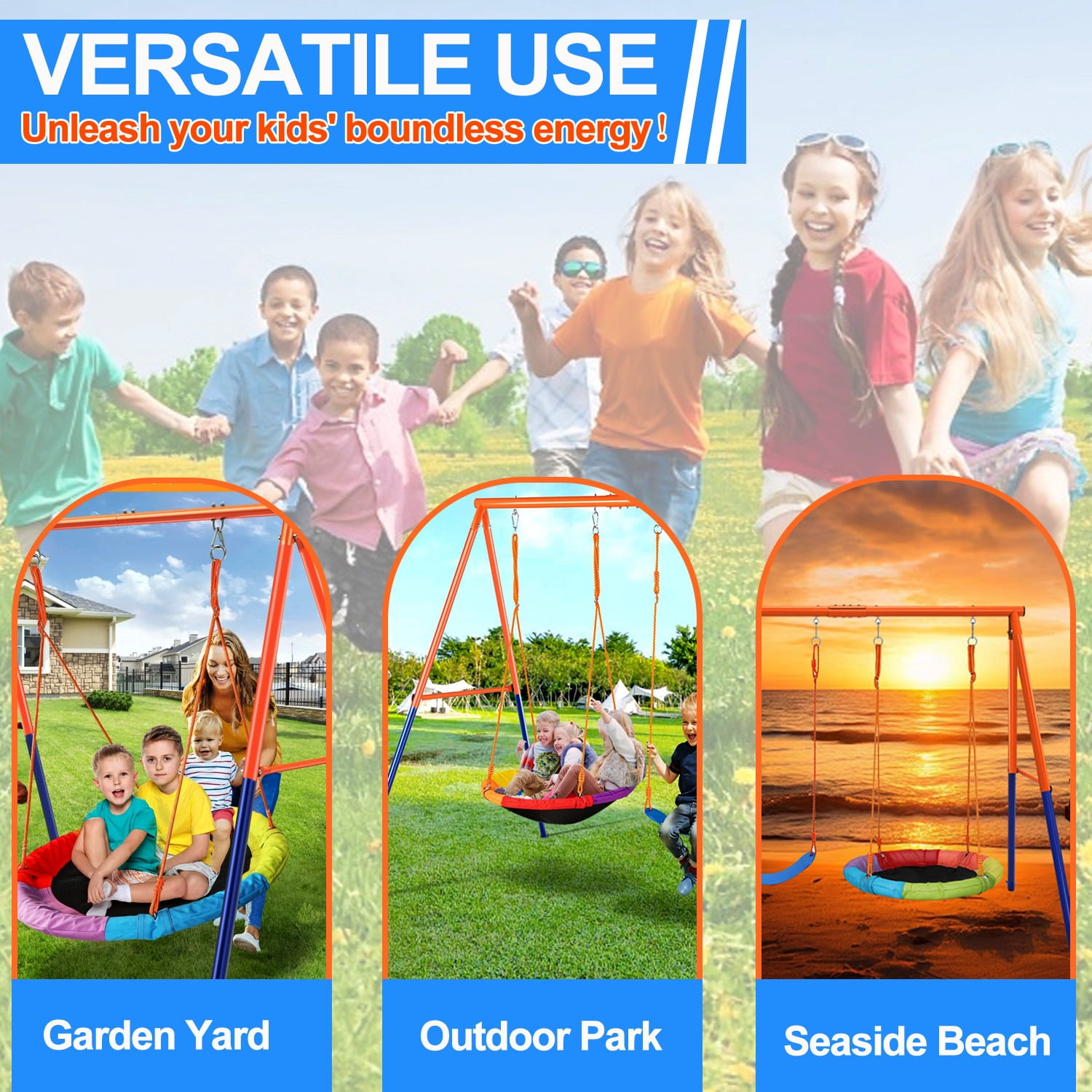 Swing Set for Kids, Heavy Duty Frame Metal Swing Stand with 1 Saucer & 1 Belt Swing Seat for Outdoor - Image 3