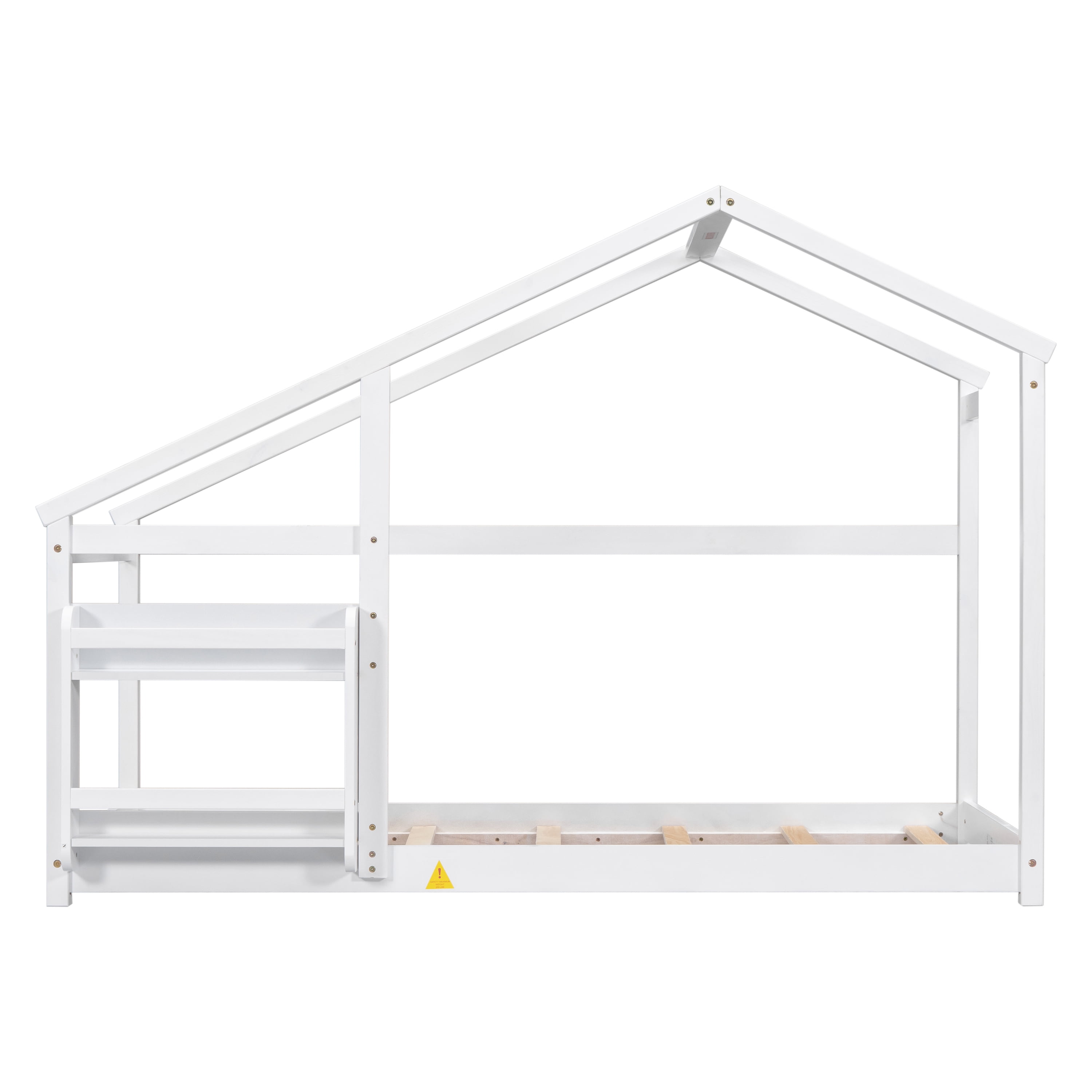 Miniyam Wood Twin Size Floor Bed with Shelf for Kids, Roof Designed, White - Image 4
