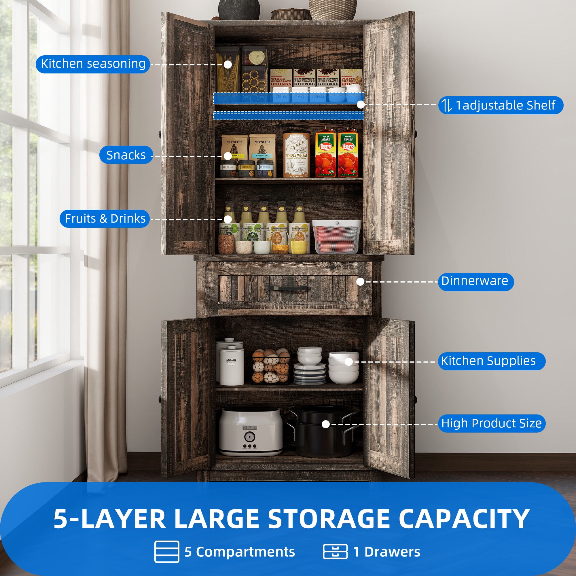 Dextrus Kitchen Pantry Cabinet with Doors and Drawer, Pantry Cabinet with Adjustable Shelves for Kitchen, Living Room, Dining Room, Dark Oak - Image 5