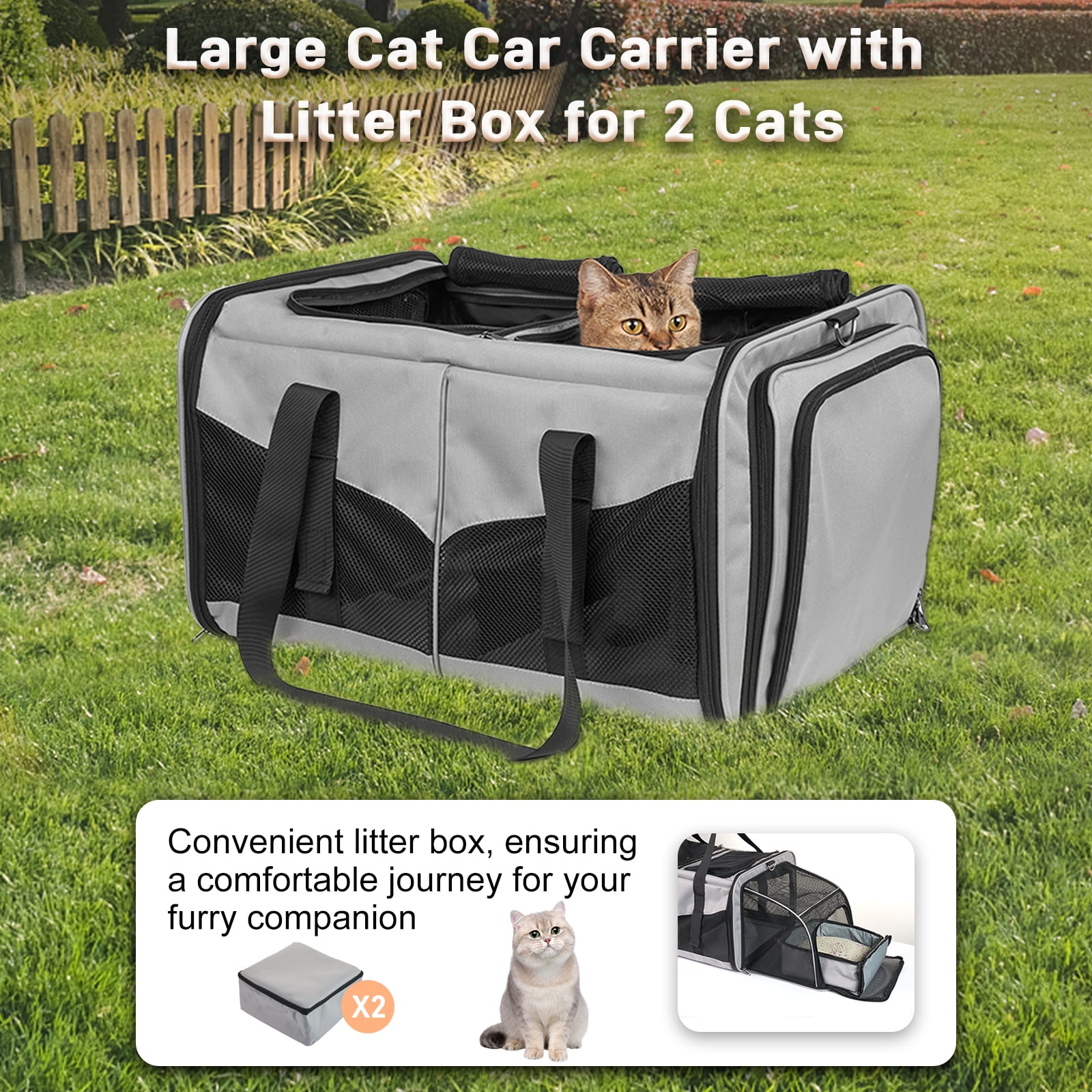 LitaiL Cat Carrier for 2 Cats, 2-in-1 Double Pet Carrier with 2 Litter Boxes, Portable Soft Sided Dog Carrier for Traveling, Gray - Image 5