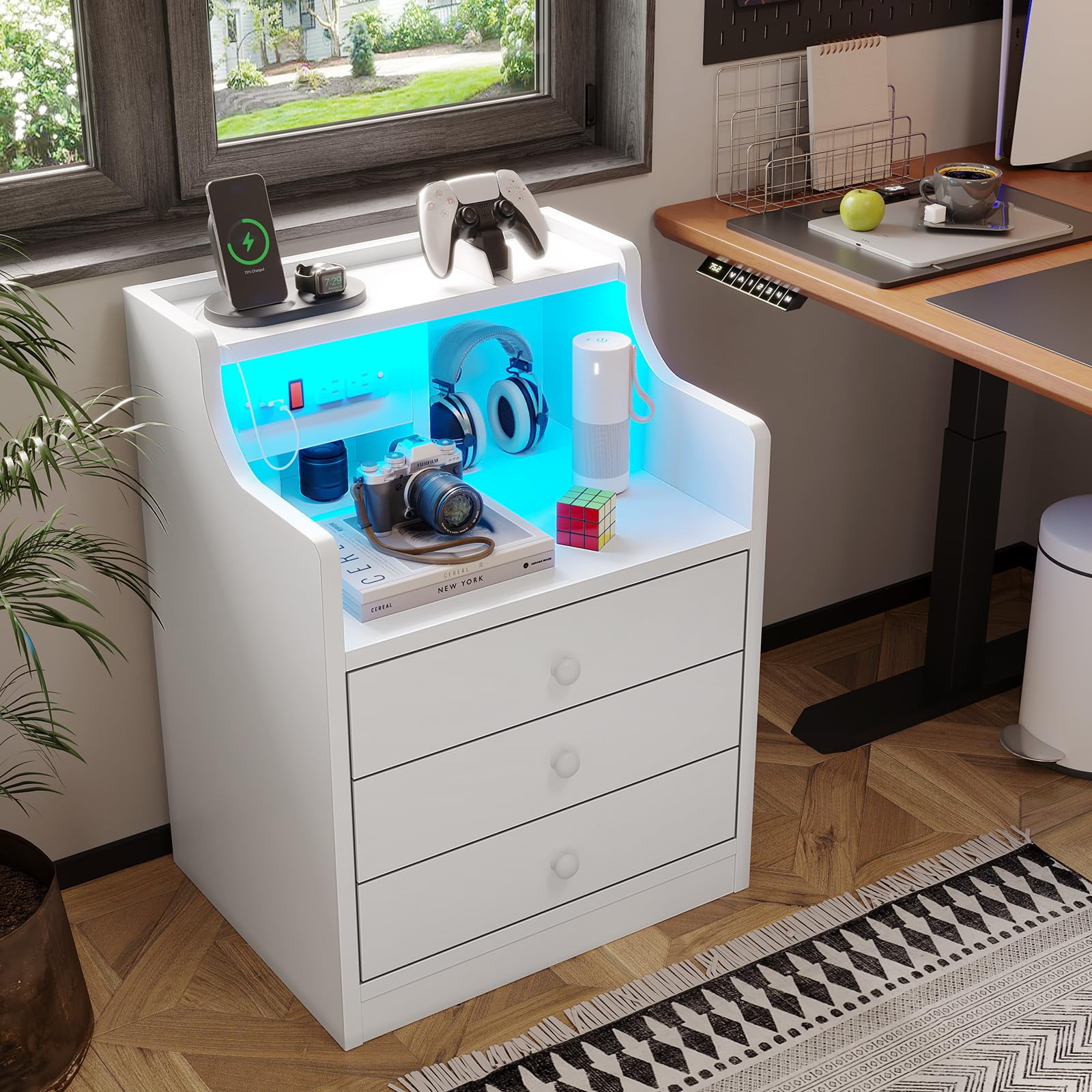 Nightstand with Charging Station and LED Lights, Night Stand with Hutch and Storage Drawers, White - Image 2