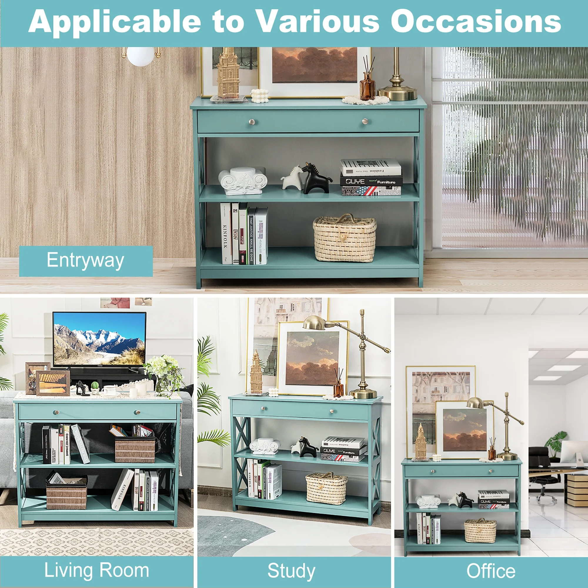 Costway 3-Tier Console Table X-Design Sofa Entryway Table with Drawer & Shelves Turquoise - Image 4