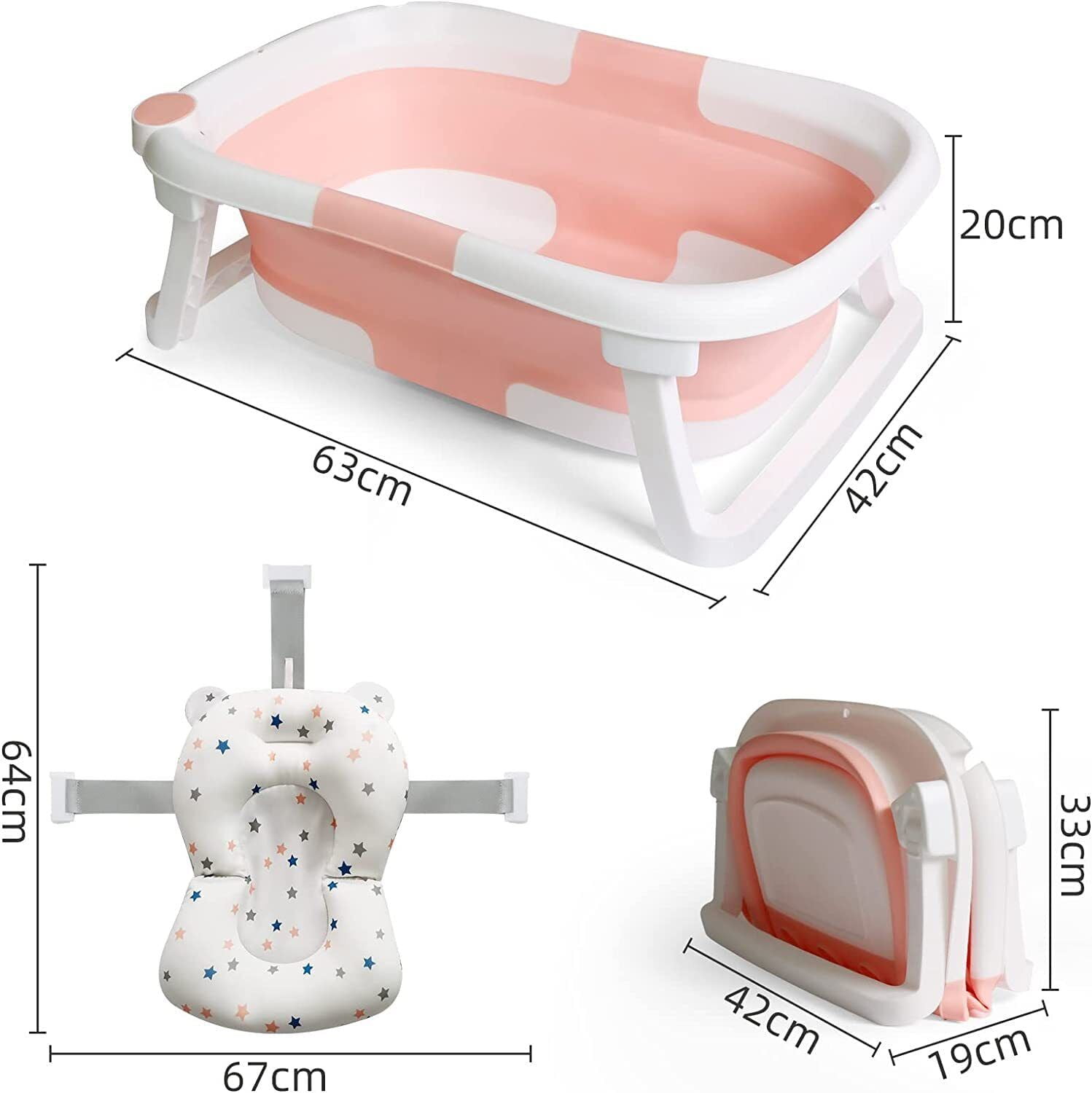 TOPCHANCES Folding Baby Bathtub, Travel Bathtub Newborn Bath Tub with Bath Cushion & Bath Net, Pink - Image 7