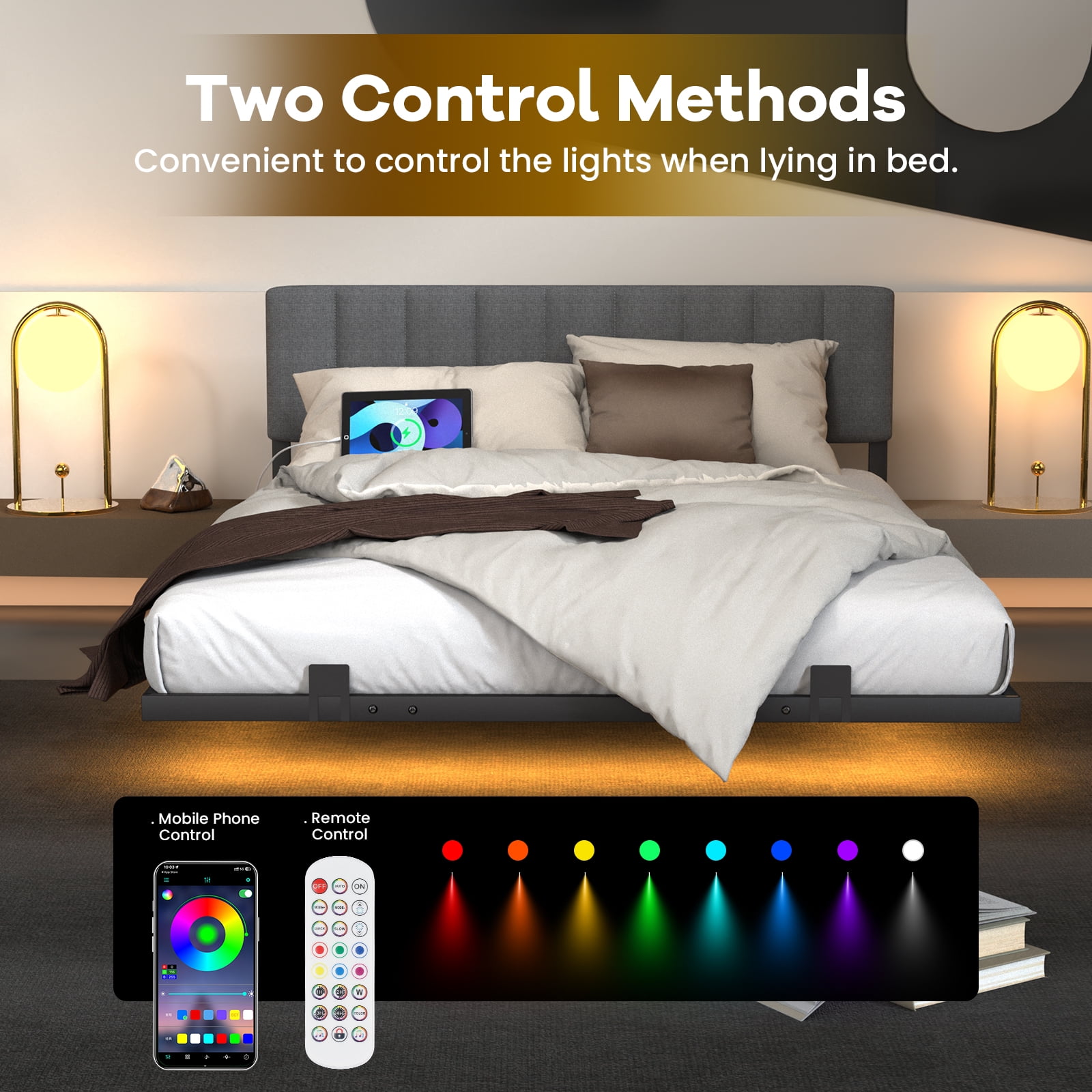 Behost Full Size Floating Bed Frame Upholstered with LED Lights and Built-in Charging Station, Metal Bed Frame, Gray - Image 5