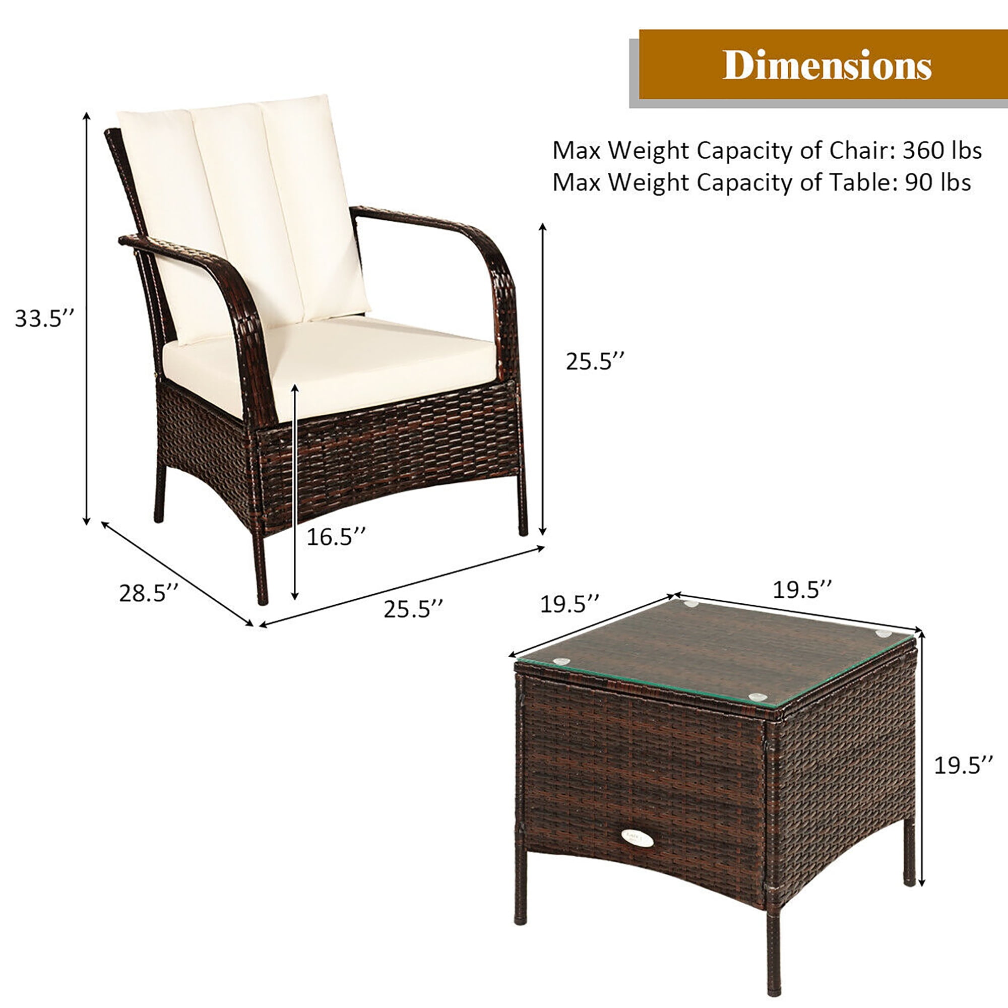 Costway 3 PCS Patio Wicker Rattan Furniture Set Coffee Table & 2 Rattan Chair W/Cushions-White - Image 12