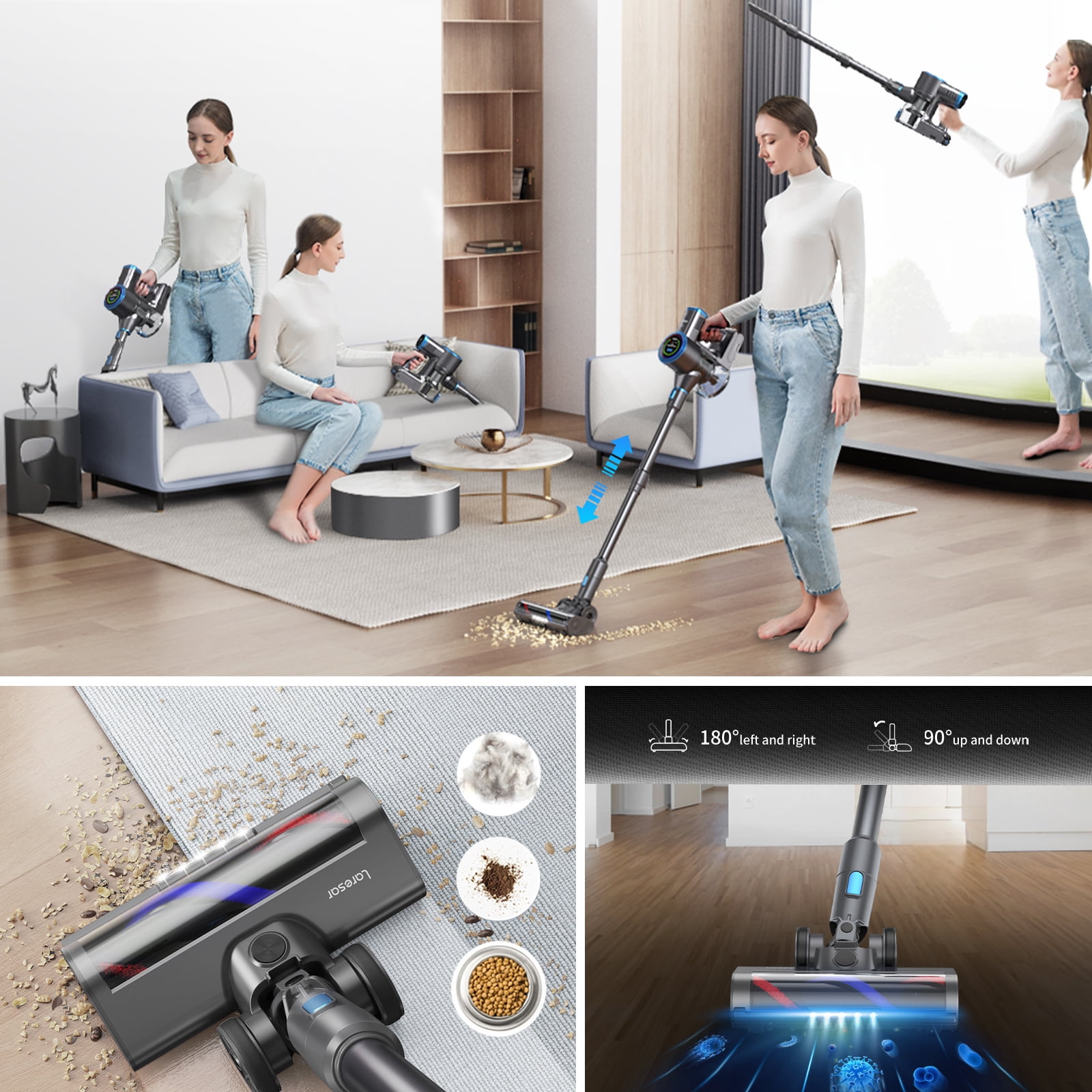 Laresar Cordless Vacuum Cleaner 450W/55mins/33Kpa With Charging Station & Dual Display & Dust Sensor Stick Vacuum Cleaner for Carpet Pet Hair Hard Floor - Image 2