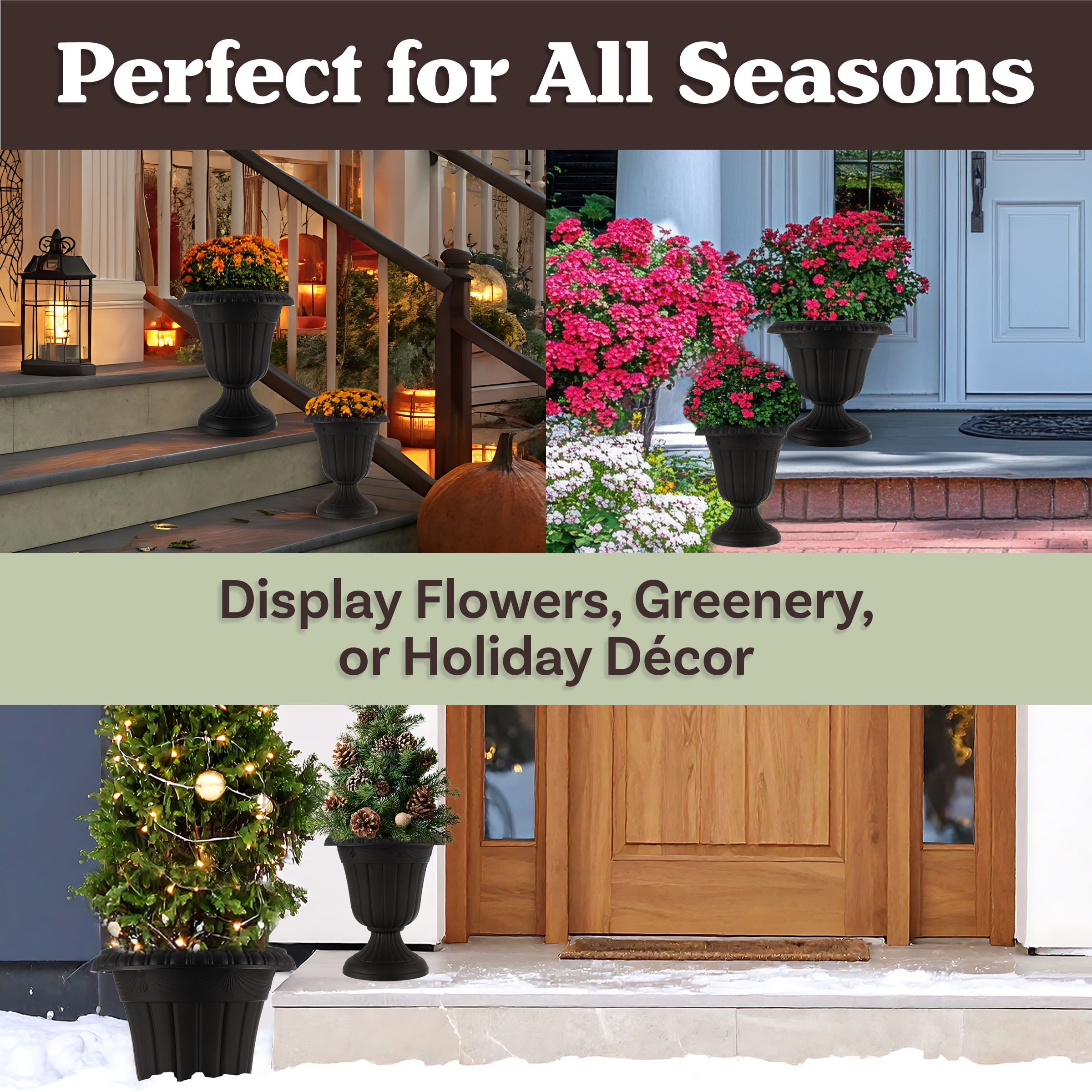 Pure Garden Large and Small Outdoor Urn Planter 2-Pack, Black - Image 2