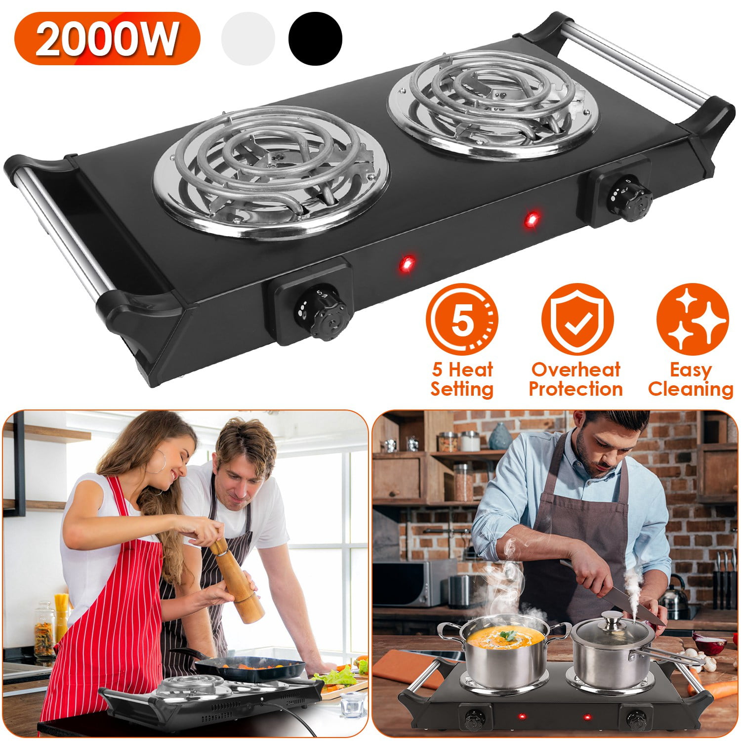 2000W Electric Dual Burner TeqHome Portable Electric Stove Countertop Hot Plate with 5 Temperature Adjustments Handles for Dorms Small Apartments RV Black - Image 7