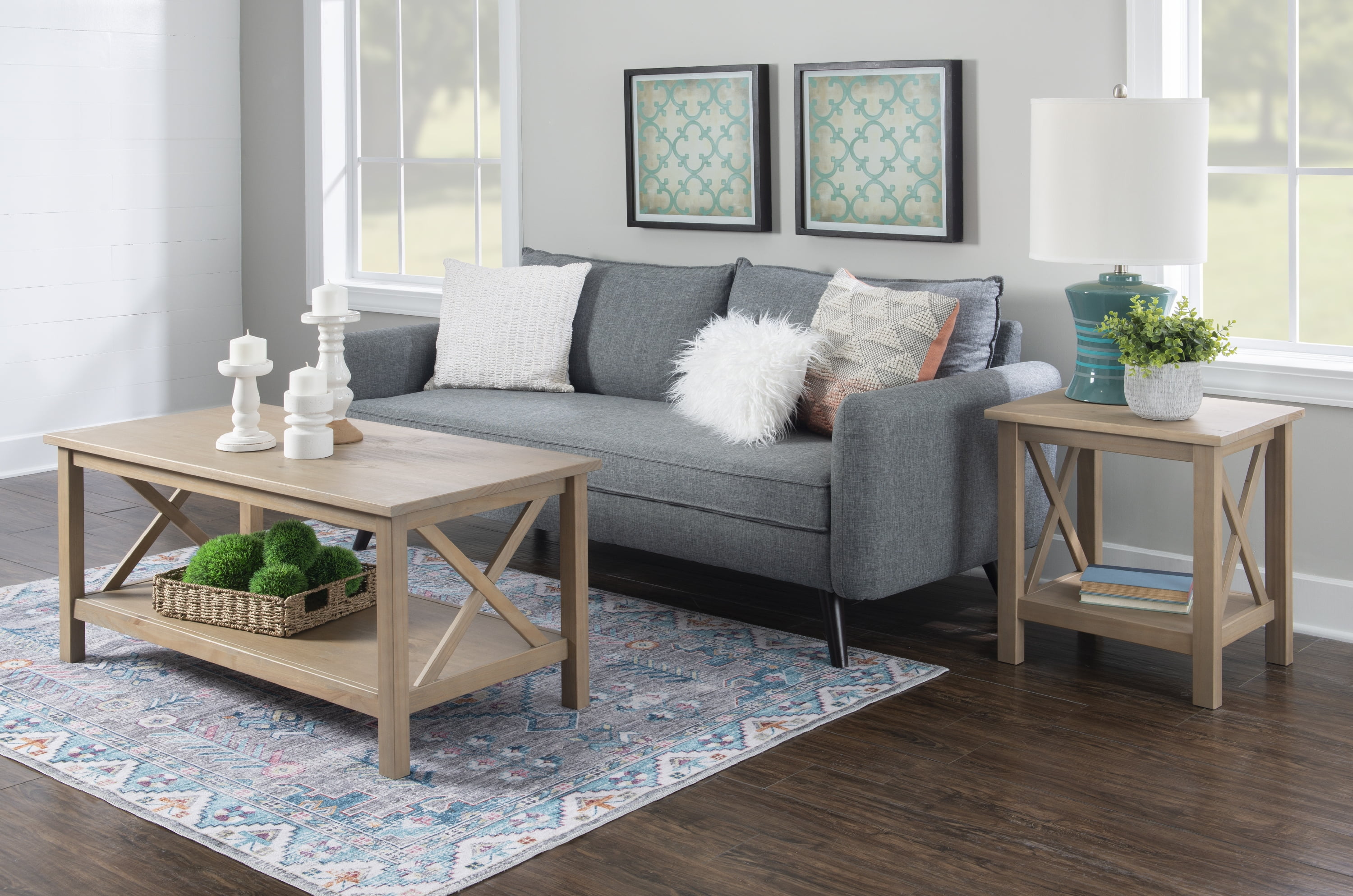 Linon Davis Farmhouse Coffee Table with Shelf, Driftwood - Image 5