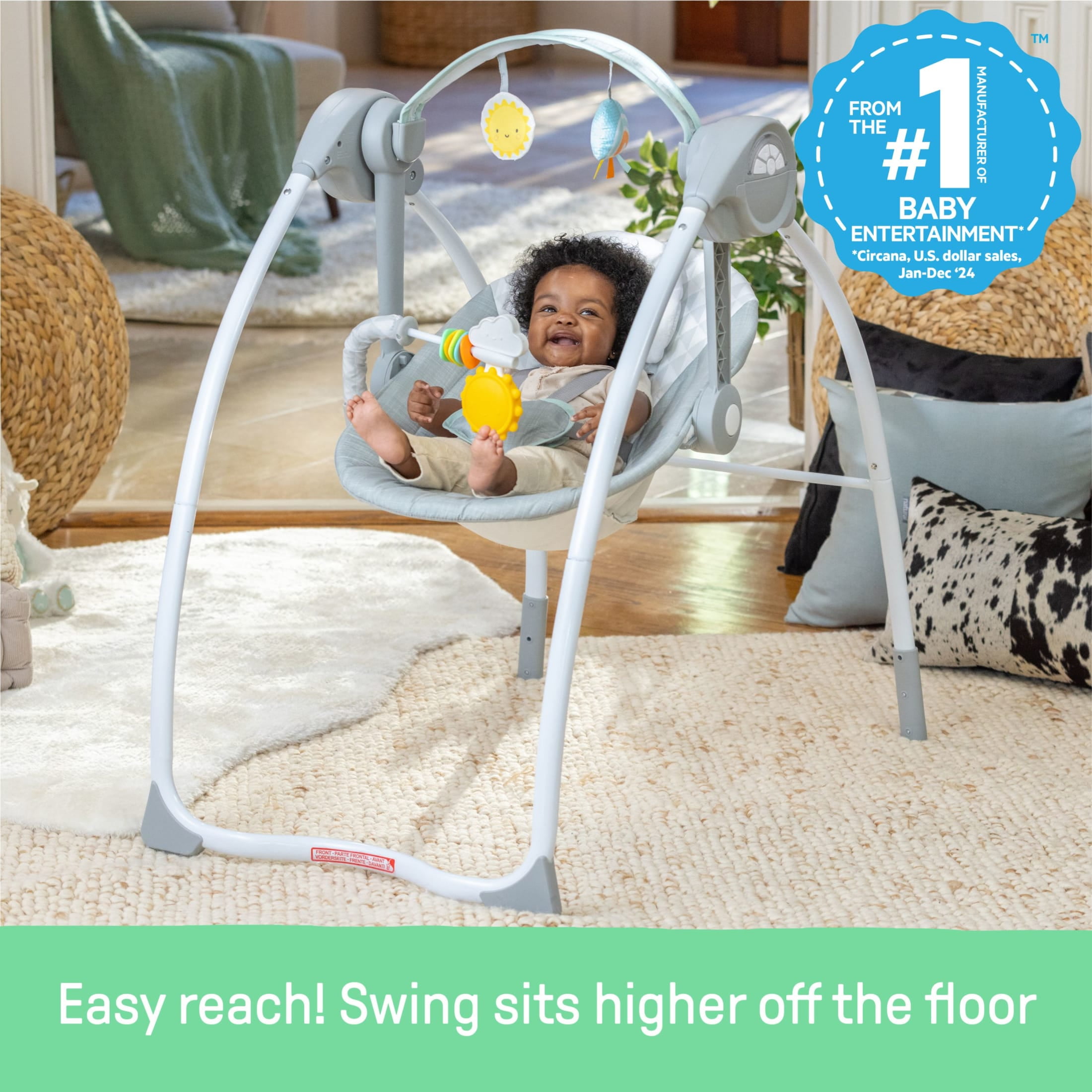 Ingenuity Milestone Baby Swing, Toy Bar, 6-Speed - Grey - Image 3
