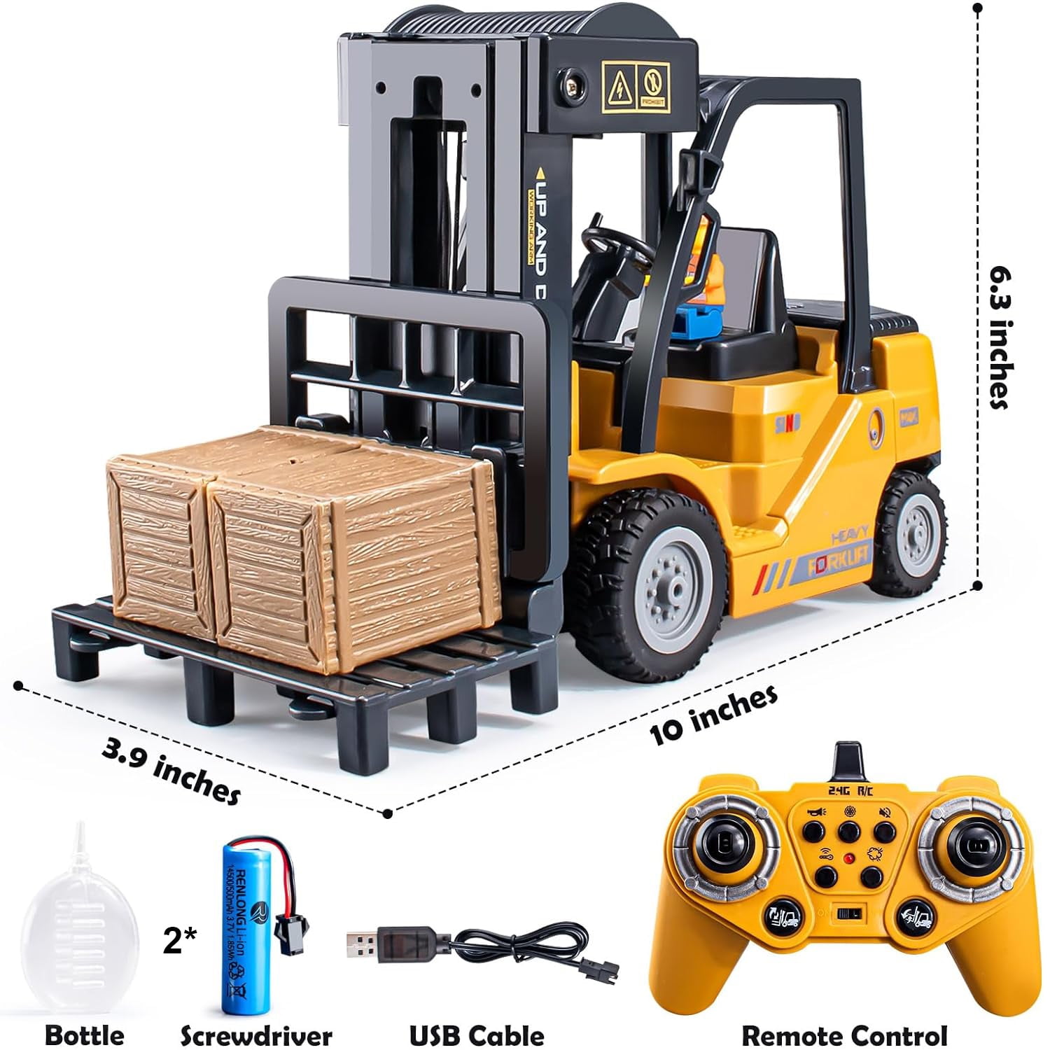 RC Forklift Truck, Remote Control Crane, Full Function Forklift RC Construction Toys Car, 2 Batteries, Spray, Light, Fork Crane Truck Toy Gift for Kids 6+ - Image 3