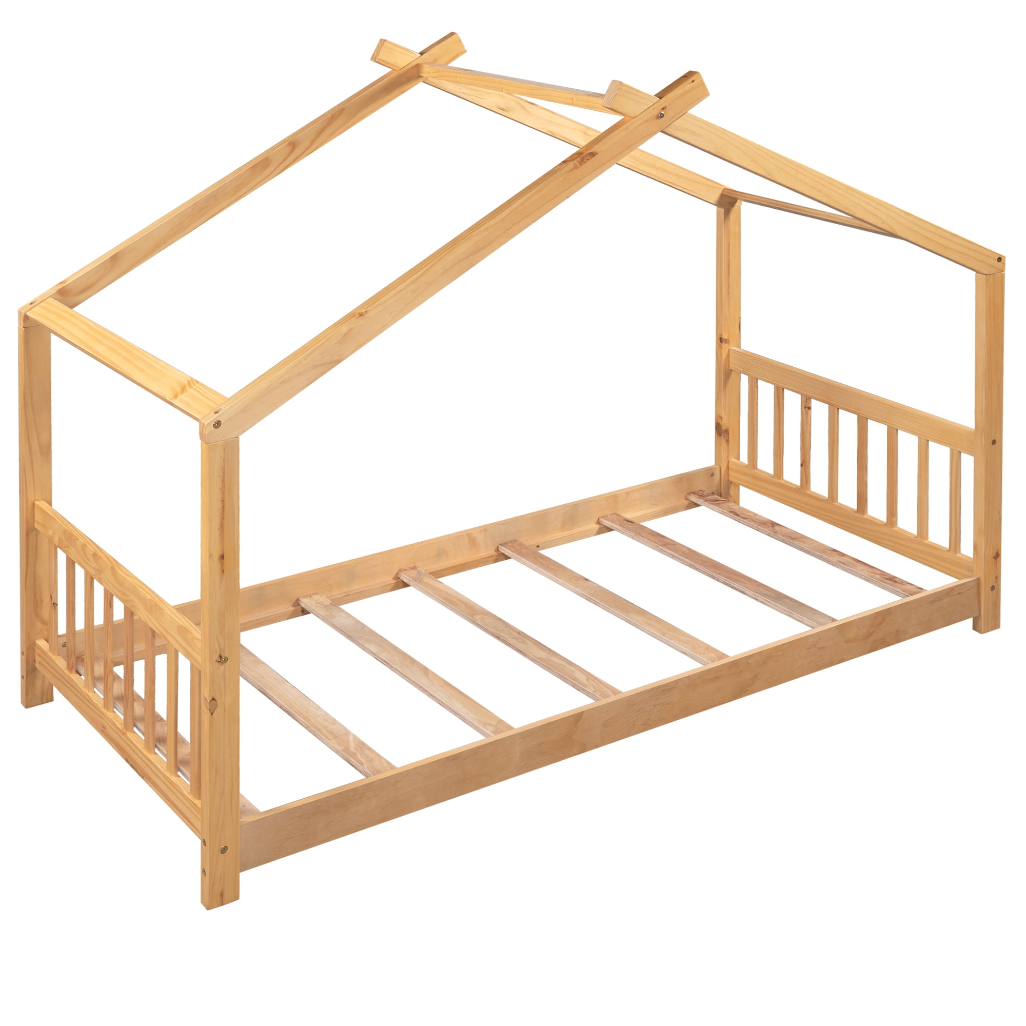 Euroco Wood House-Shaped Twin Platform Bed for Kids, Low Profile House Bed, No Box Spring Needed, Wood Color - Image 10