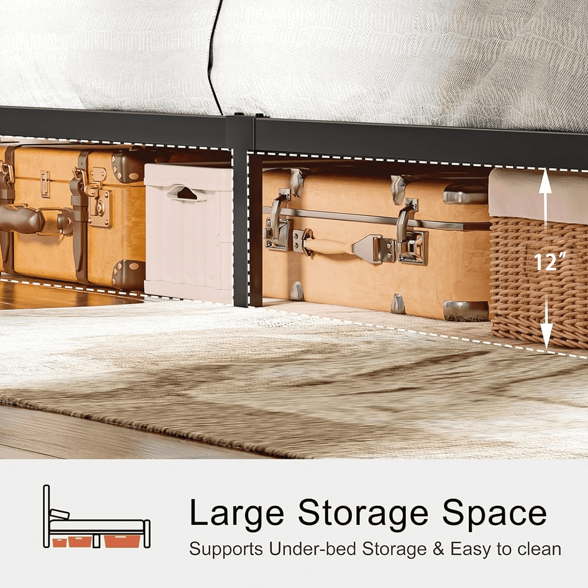 Full size Bed Frame with Storage Headboard, LED Lights and USB Charging Station, Metal Bed Frame, Rustic Brown - Image 3