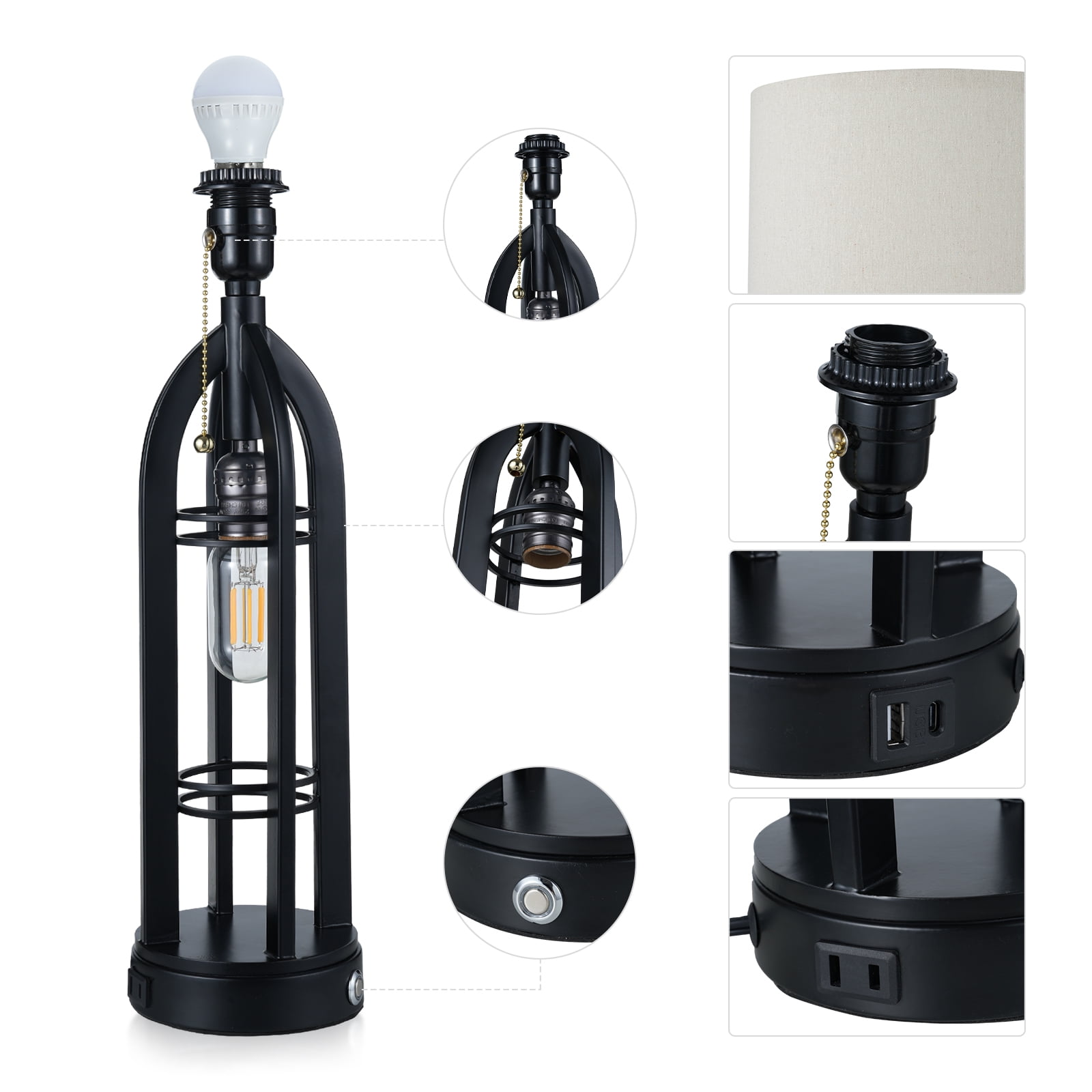 Set of 2 Table Lamp for Living Room, 3-Way Dimmable Farmhouse Lamps with USB C+A & Outlet, Rustic Bedside Lamp for End Tables, Industrial Nightstand Lamps for Bedroom - Image 6