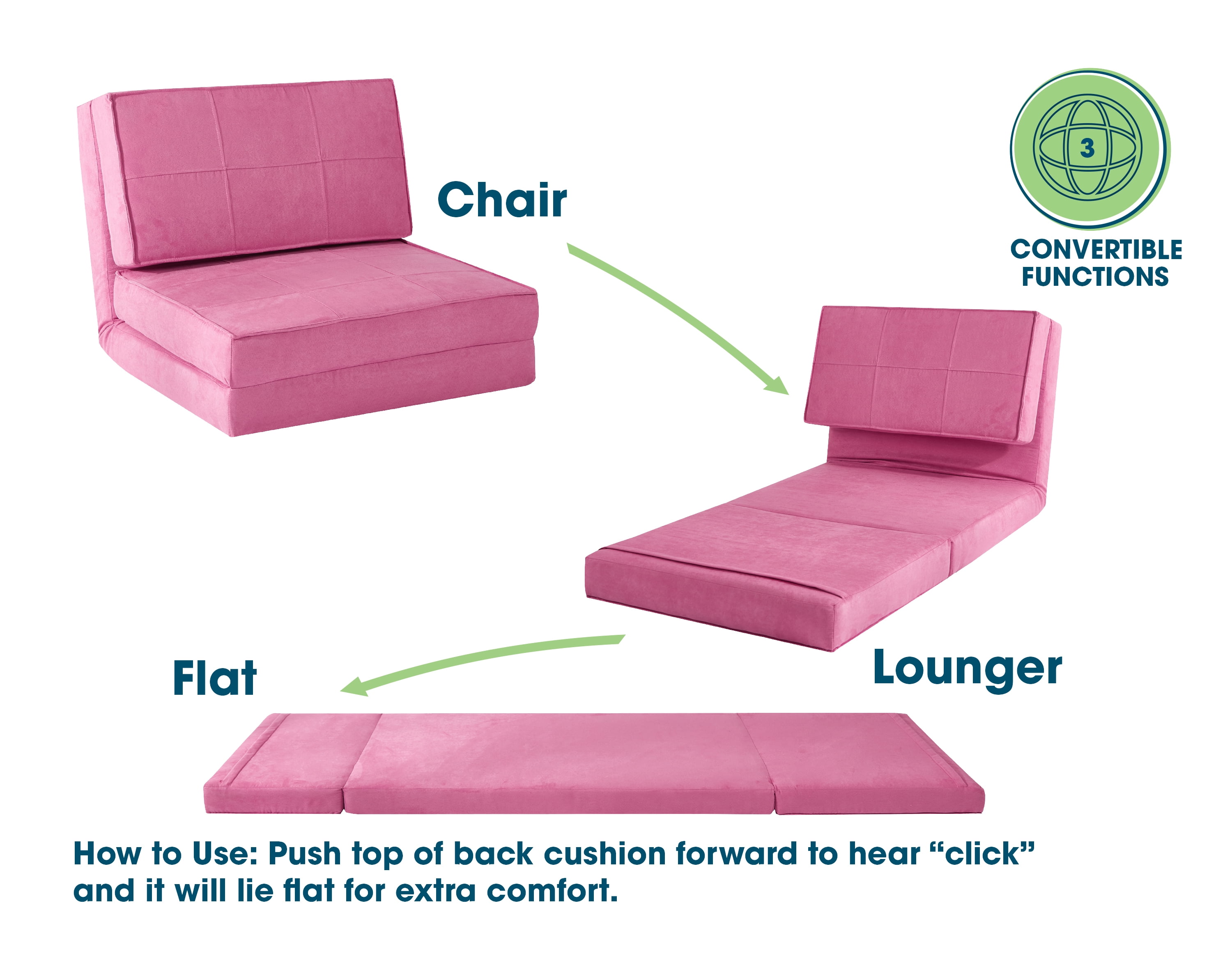Your Zone Ultra Soft Suede 3 Position Convertible Flip Lounge Chair, Racy Pink - Image 7