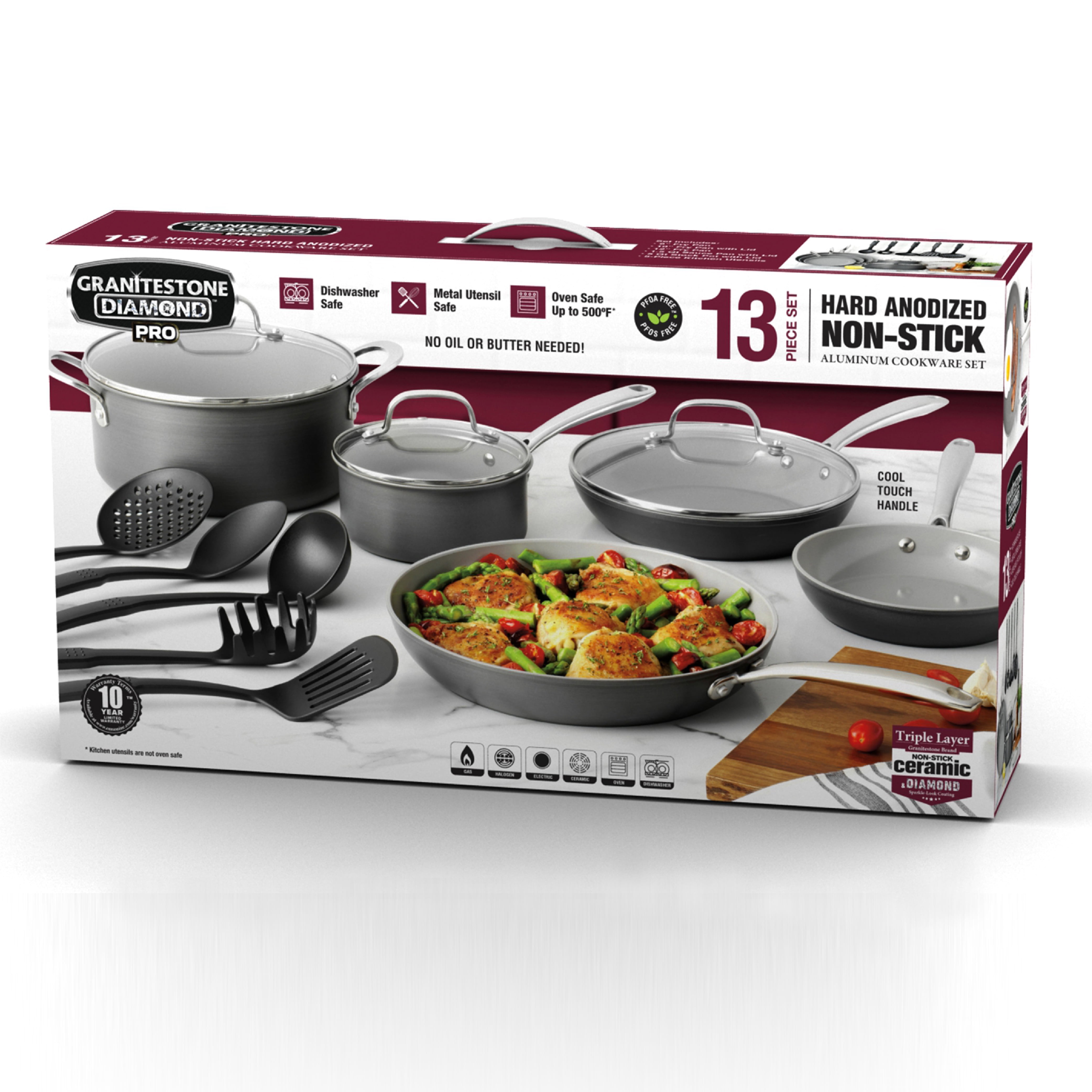 Granitestone Pro 13 Pc Set Pots and Pans Set Non Stick with Utensils, Hard Anodized Ceramic Cookware Set with Skillet, Diamond & Mineral Coating, Oven/Dishwasher Safe, Chalk - Image 10